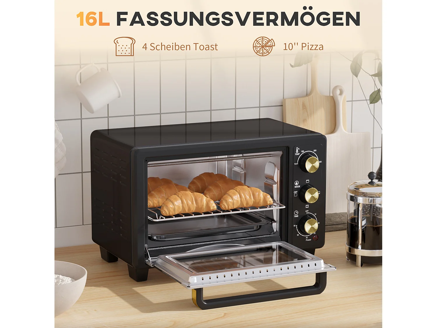 Mini four 16 L, 1400W, température réglable 100-230℃, 60 min Timer, avec grille et plaque de cuisson, noir (44x32x28.1cm)