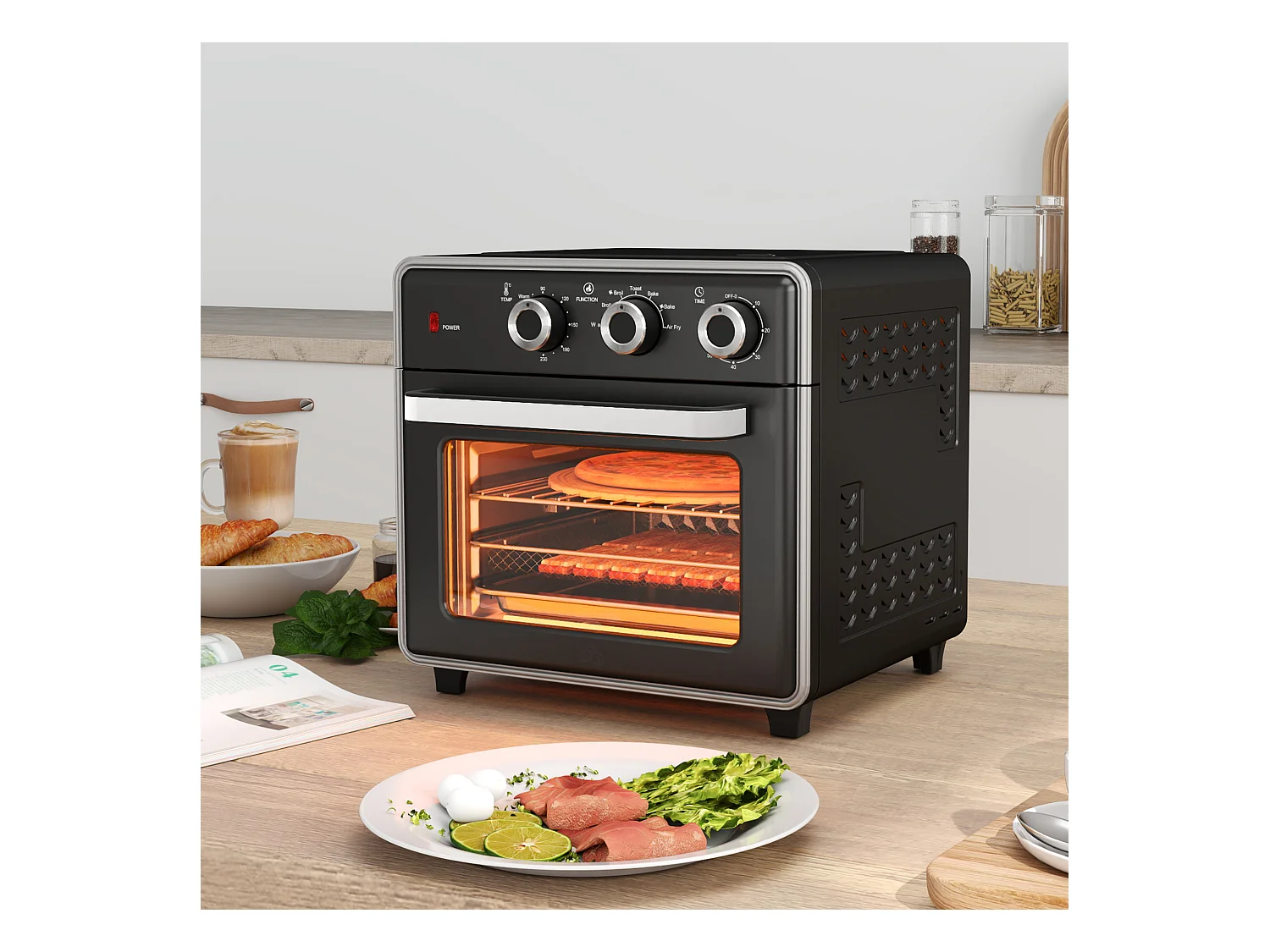 Mini four 20L, 1400W, 3 kookstanden, temperatuur instelbaar van 90°C tot 230°C, met 60 minuten, in zwart en zilver