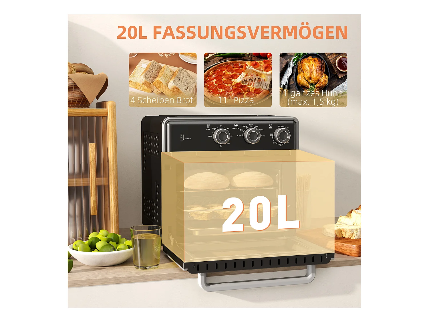 Mini four 20L, 1400W, 3 kookstanden, temperatuur instelbaar van 90°C tot 230°C, met 60 minuten, in zwart en zilver