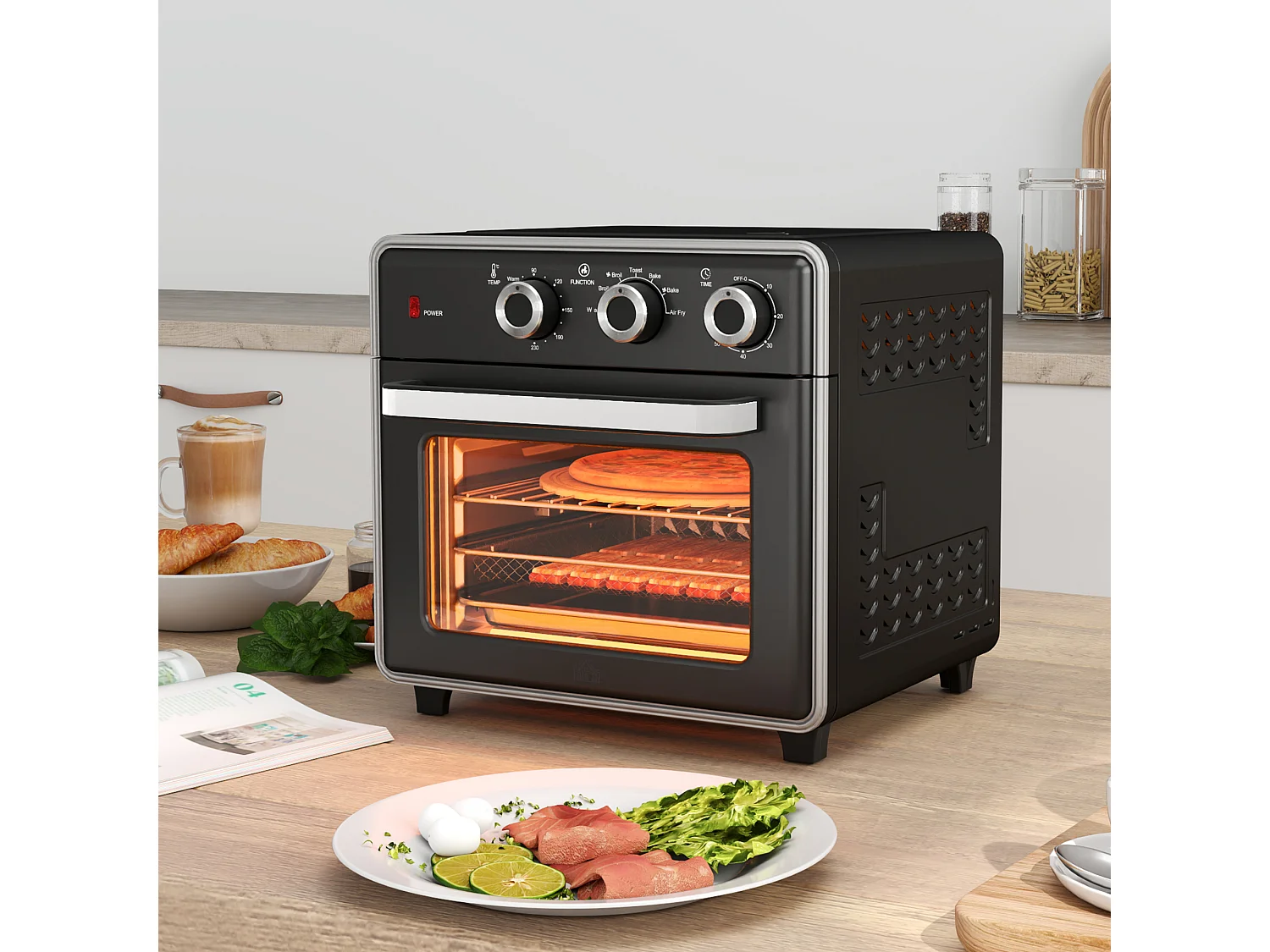 Mini four 20L, 1400W, 3 modes de cuisson, température réglable de 90°C à 230°C, avec minuteur de 60 minutes, en acier et verre, noir et argent