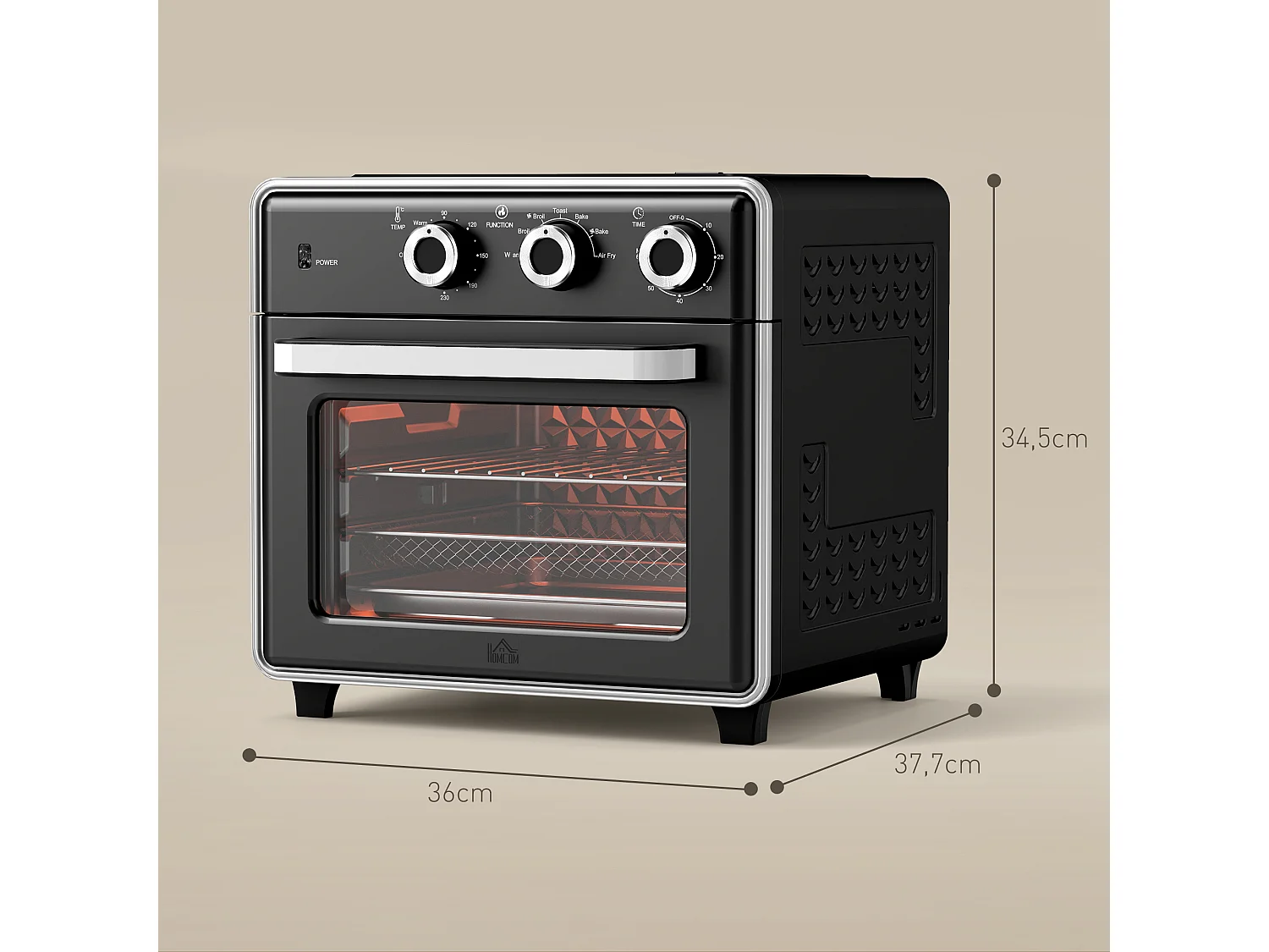 Mini four 20L, 1400W, 3 modes de cuisson, température réglable de 90°C à 230°C, avec minuteur de 60 minutes, en acier et verre, noir et argent