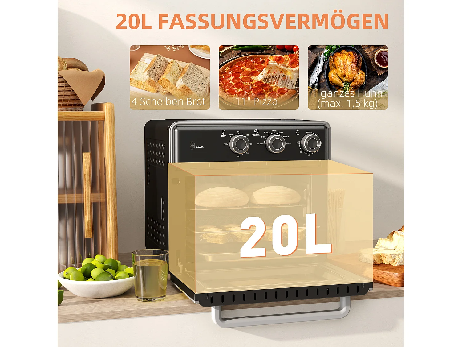 Mini four 20L, 1400W, 3 modes de cuisson, température réglable de 90°C à 230°C, avec minuteur de 60 minutes, en acier et verre, noir et argent