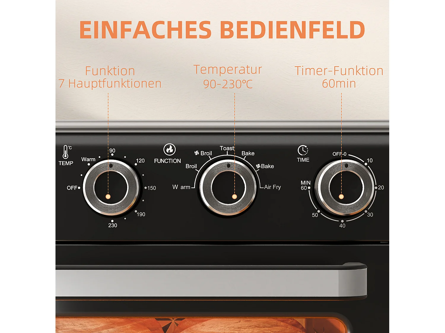 Mini four 20L, 1400W, 3 modes de cuisson, température réglable de 90°C à 230°C, avec minuteur de 60 minutes, en acier et verre, noir et argent