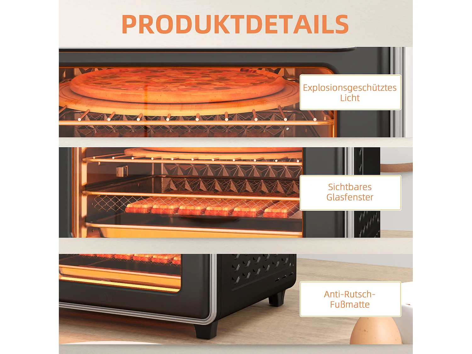 Mini four 20L, 1400W, 3 modes de cuisson, température réglable de 90°C à 230°C, avec minuteur de 60 minutes, en acier et verre, noir et argent