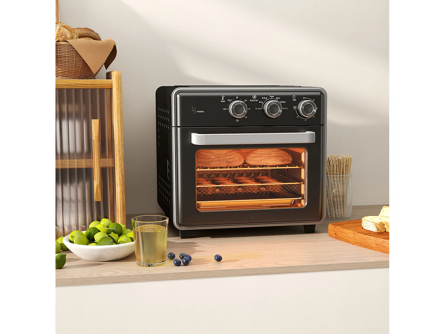 Mini four 20L, 1400W, 3 modes de cuisson, température réglable de 90°C à 230°C, avec minuteur de 60 minutes, en acier et verre, noir et argent