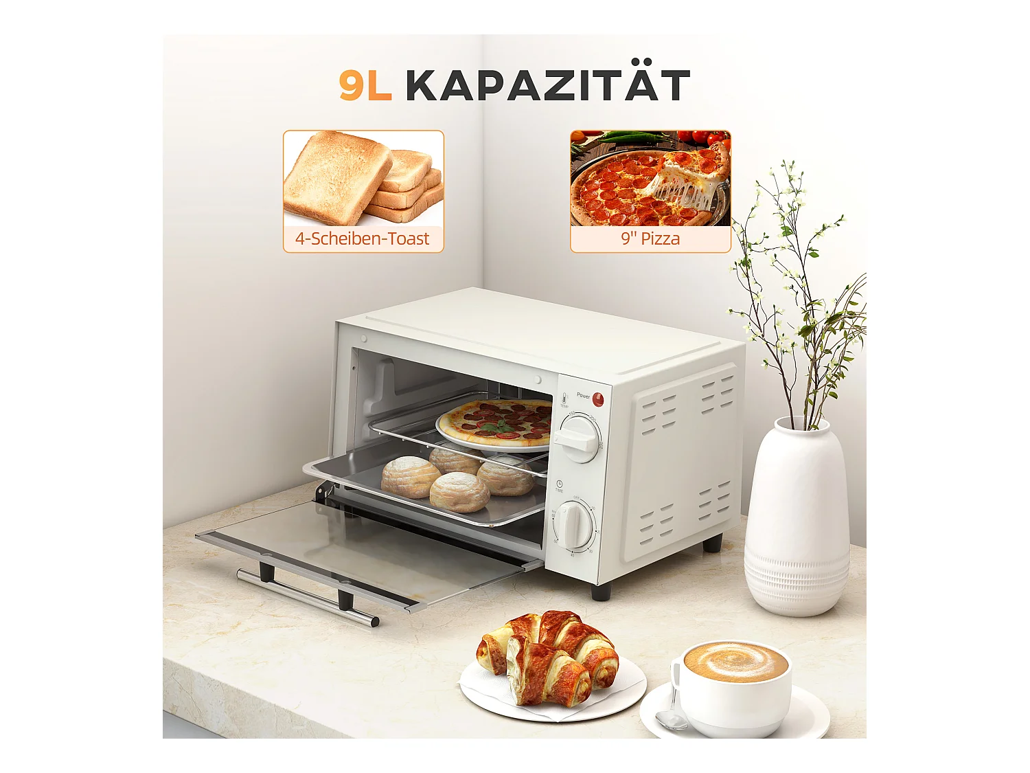 Mini four 9L, 750W, avec fonction de minuterie, température réglable de 100°C à 230°C, avec grille, plaque de cuisson et bac à miettes (36.5 x 26 x 22cm)