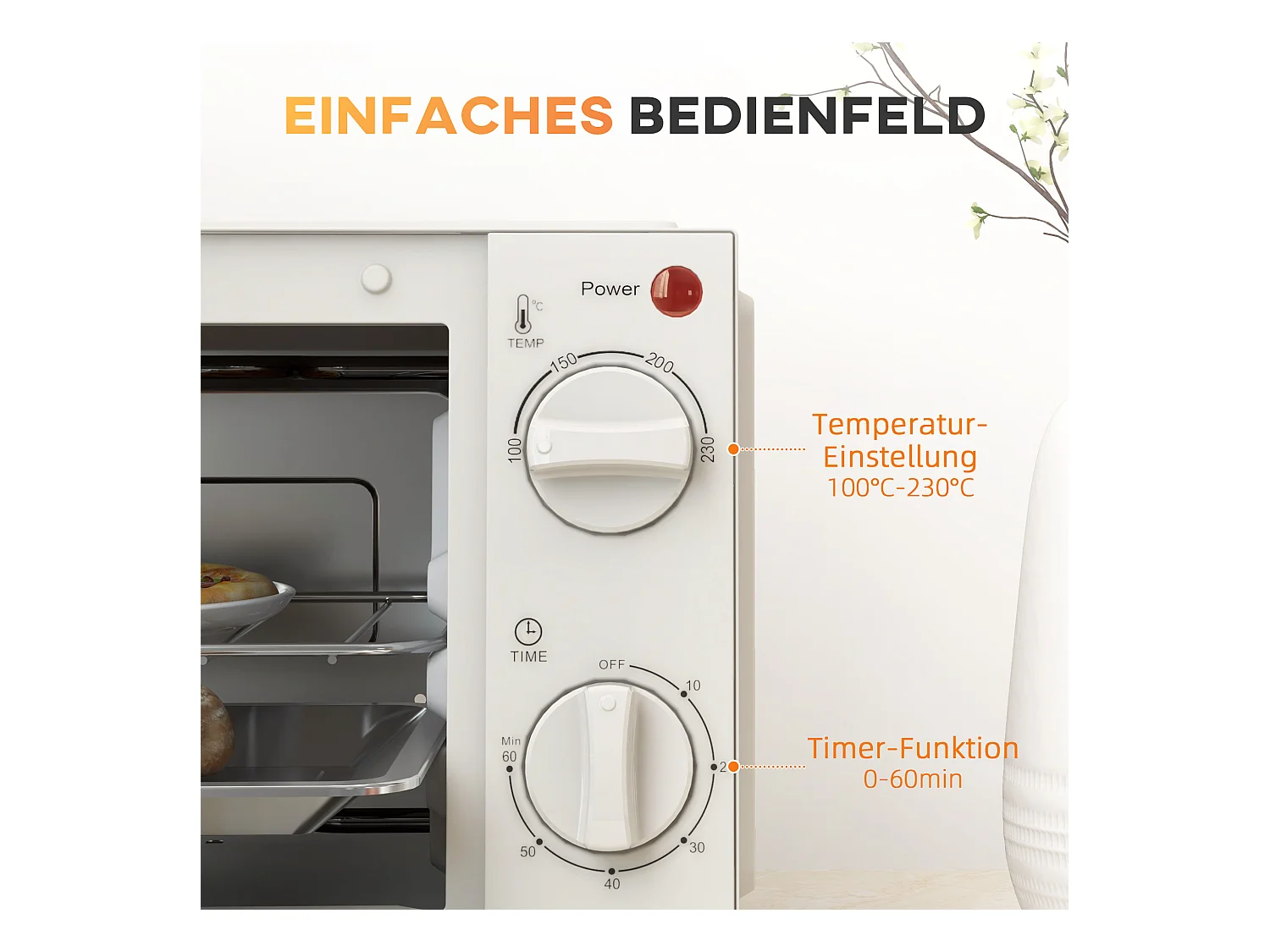 Mini four 9L, 750W, avec fonction de minuterie, température réglable de 100°C à 230°C, avec grille, plaque de cuisson et bac à miettes (36.5 x 26 x 22cm)