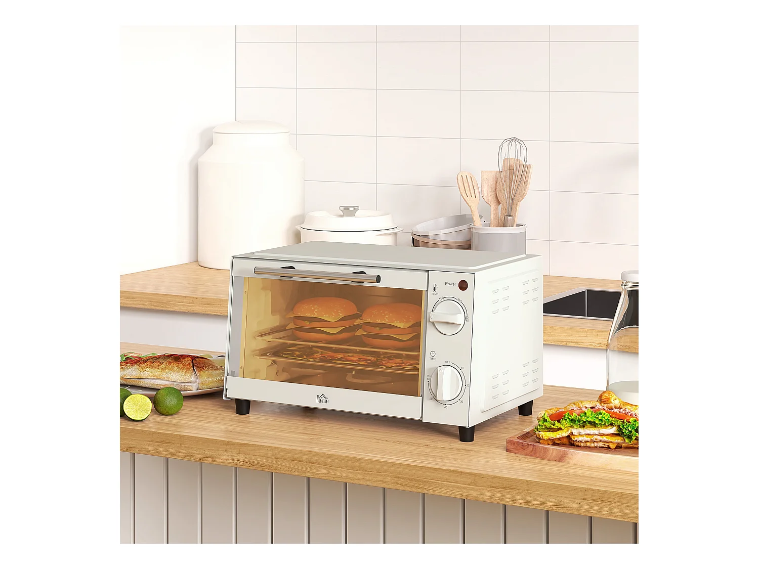 Mini four 9L, 750W, avec fonction de minuterie, température réglable de 100°C à 230°C, avec grille, plaque de cuisson et bac à miettes (36.5 x 26 x 22cm)