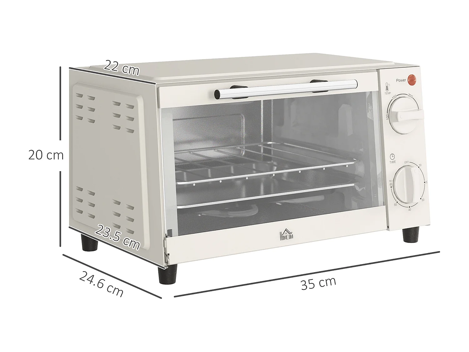 Mini four 9L, 750W, avec fonction de minuterie, température réglable de 100°C à 230°C, avec grille, plaque de cuisson et bac à miettes (36.5 x 26 x 22cm)