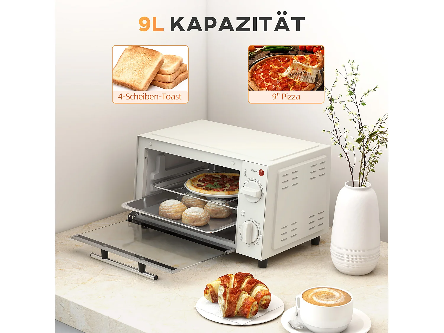 Mini four 9L, 750W, avec fonction de minuterie, température réglable de 100°C à 230°C, avec grille, plaque de cuisson et bac à miettes (36.5 x 26 x 22cm)