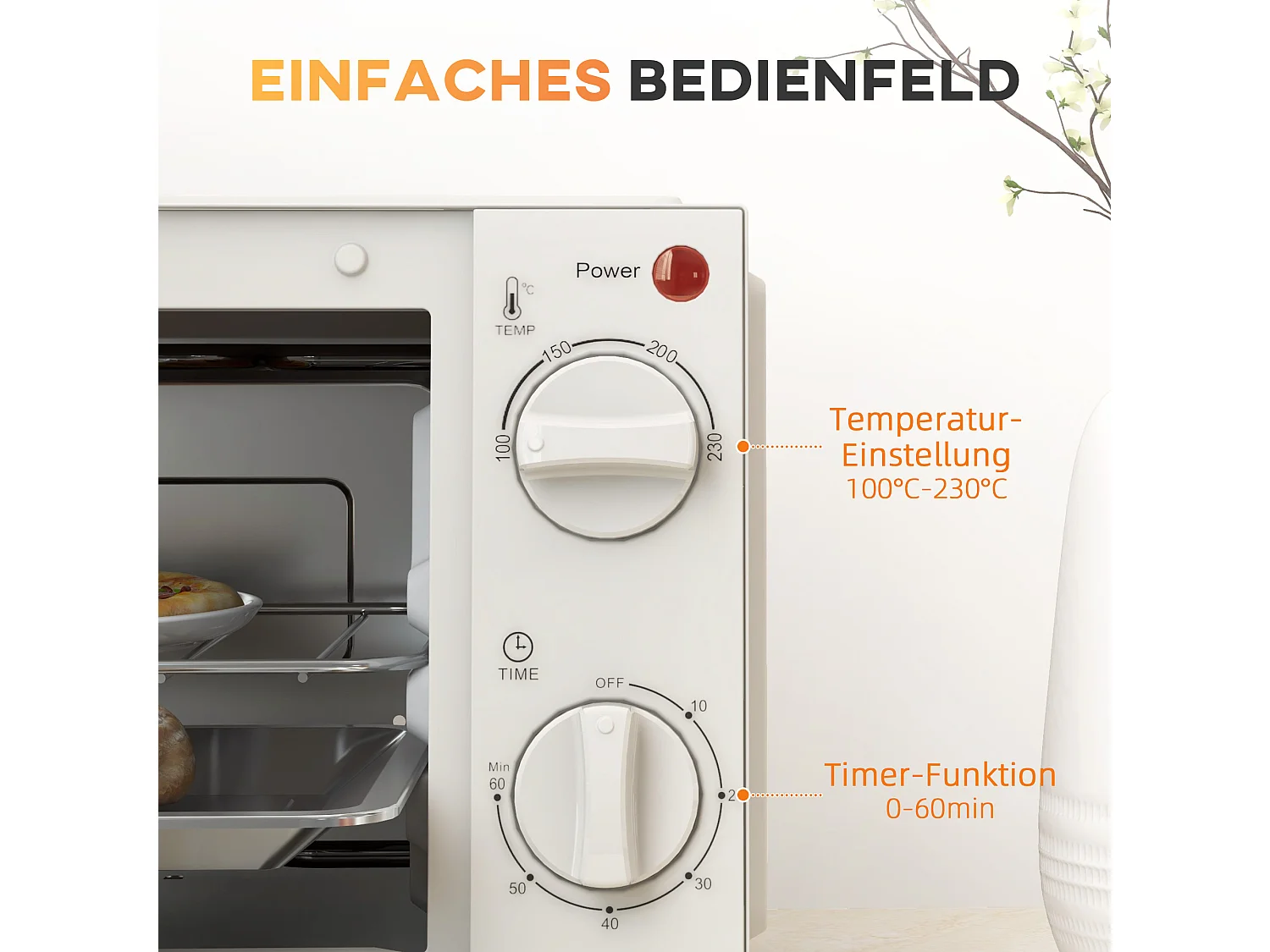 Mini four 9L, 750W, avec fonction de minuterie, température réglable de 100°C à 230°C, avec grille, plaque de cuisson et bac à miettes (36.5 x 26 x 22cm)