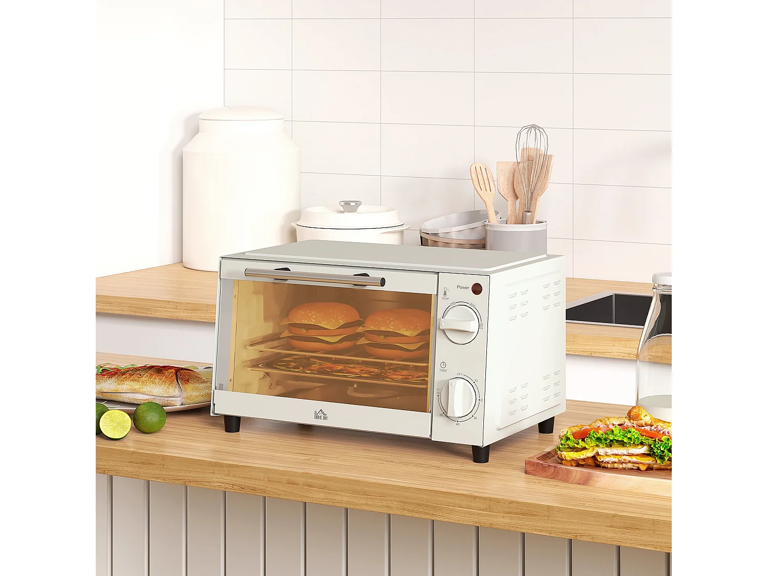 Mini four 9L, 750W, avec fonction de minuterie, température réglable de 100°C à 230°C, avec grille, plaque de cuisson et bac à miettes (36.5 x 26 x 22cm)