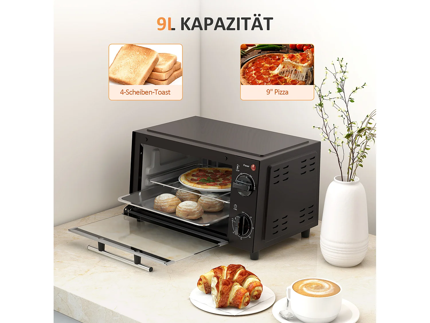 Mini four 9L, 750W, température réglable 100°C-230°C, minuterie 60 min, plaque de cuisson et grille, métal, noir (36.5x26x22cm)