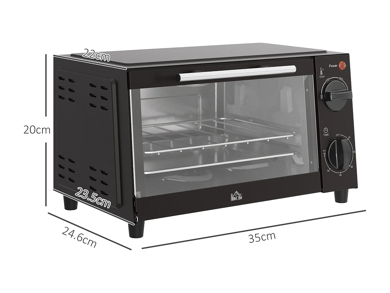 Mini four 9L, 750W, température réglable 100°C-230°C, minuterie 60 min, plaque de cuisson et grille, métal, noir (36.5x26x22cm)