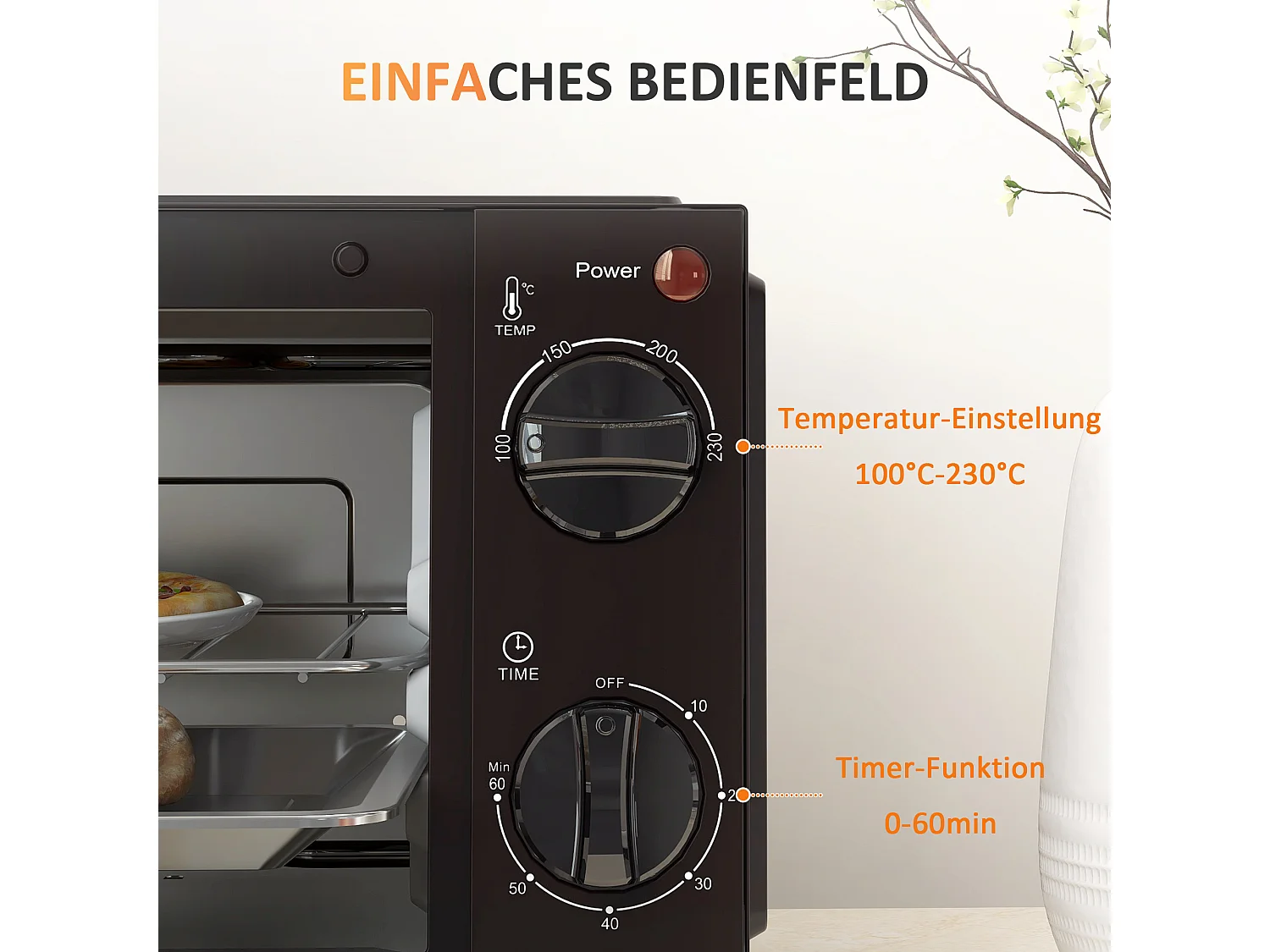 Mini four 9L, 750W, température réglable 100°C-230°C, minuterie 60 min, plaque de cuisson et grille, métal, noir (36.5x26x22cm)