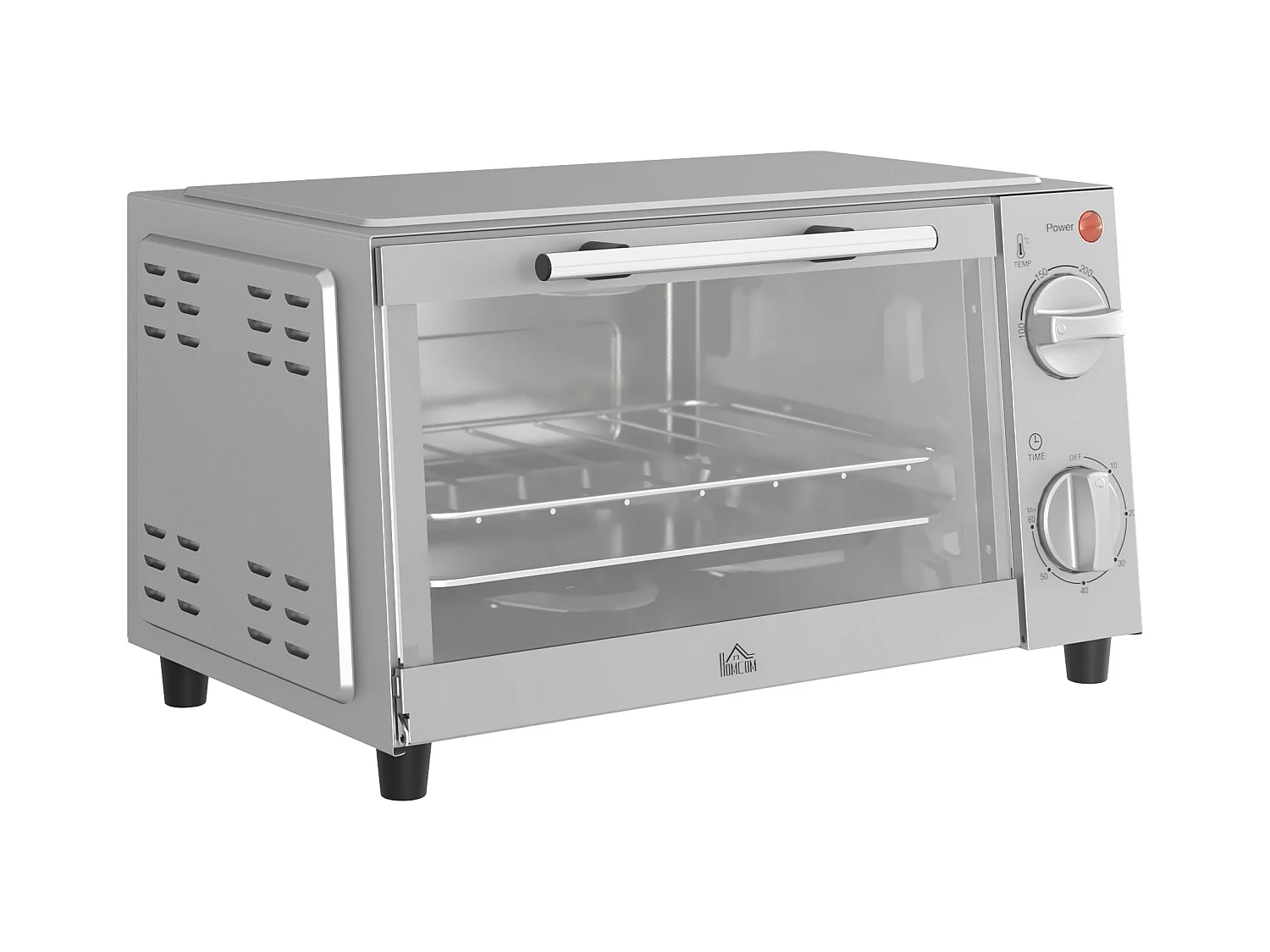 Mini four électrique 9L, température réglable 100-230°C, avec minuterie 60 min, grille et plaque de cuisson, métal, argenté (36.5x26x22cm)