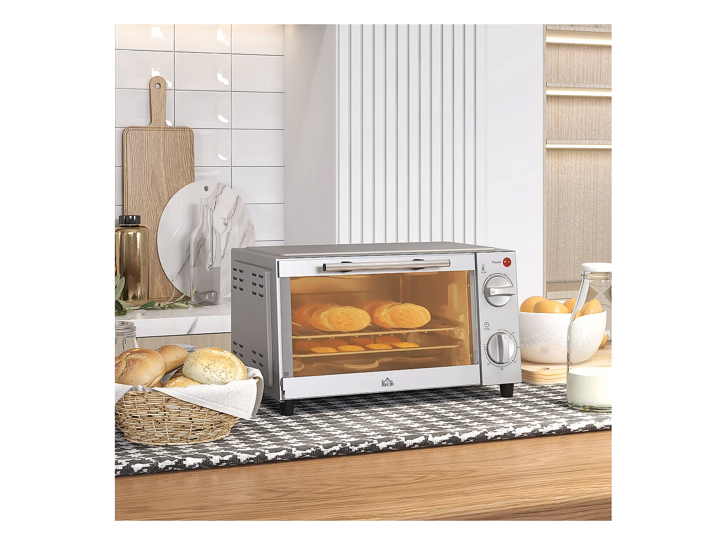 Mini four électrique 9L, température réglable 100-230°C, avec minuterie 60 min, grille et plaque de cuisson, métal, argenté (36.5x26x22cm)