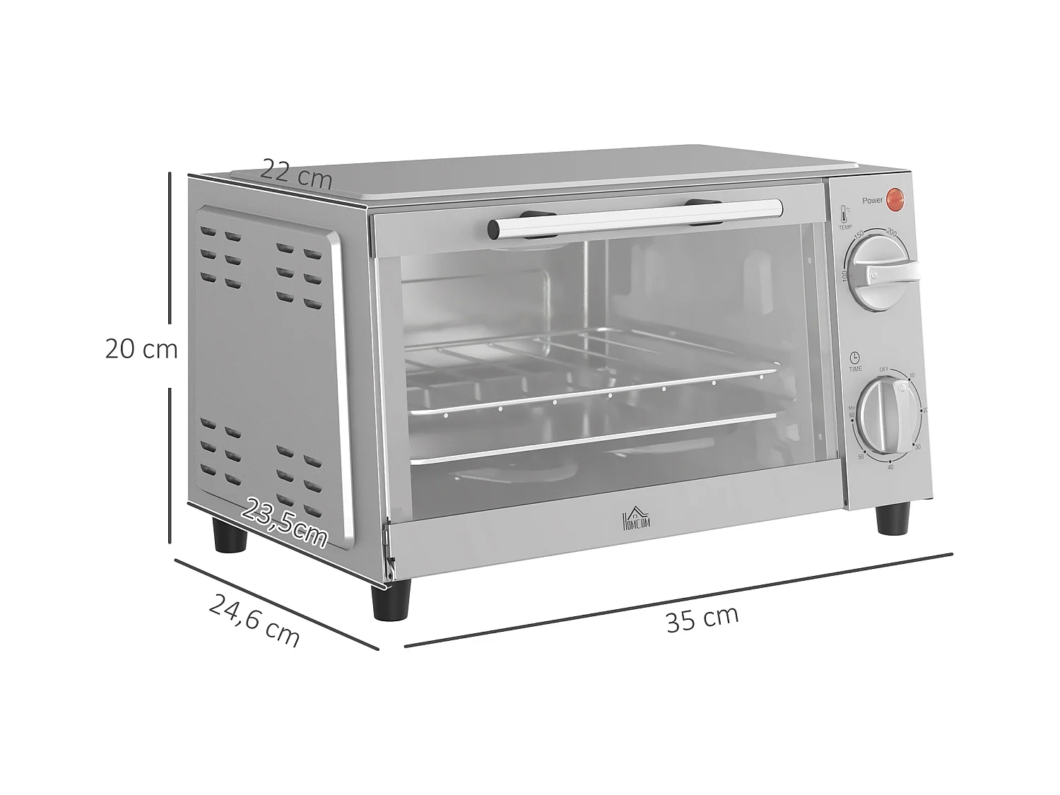 Mini four électrique 9L, température réglable 100-230°C, avec minuterie 60 min, grille et plaque de cuisson, métal, argenté (36.5x26x22cm)