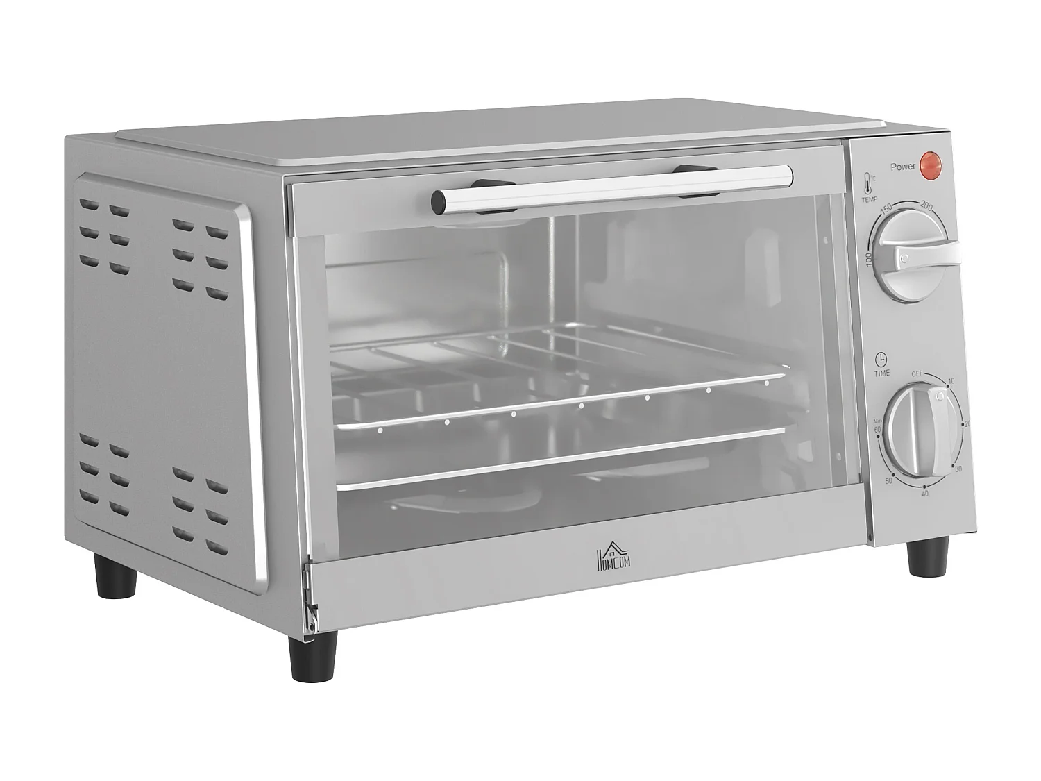 Mini four électrique 9L, température réglable 100-230°C, avec minuterie 60 min, grille et plaque de cuisson, métal, argenté (36.5x26x22cm)