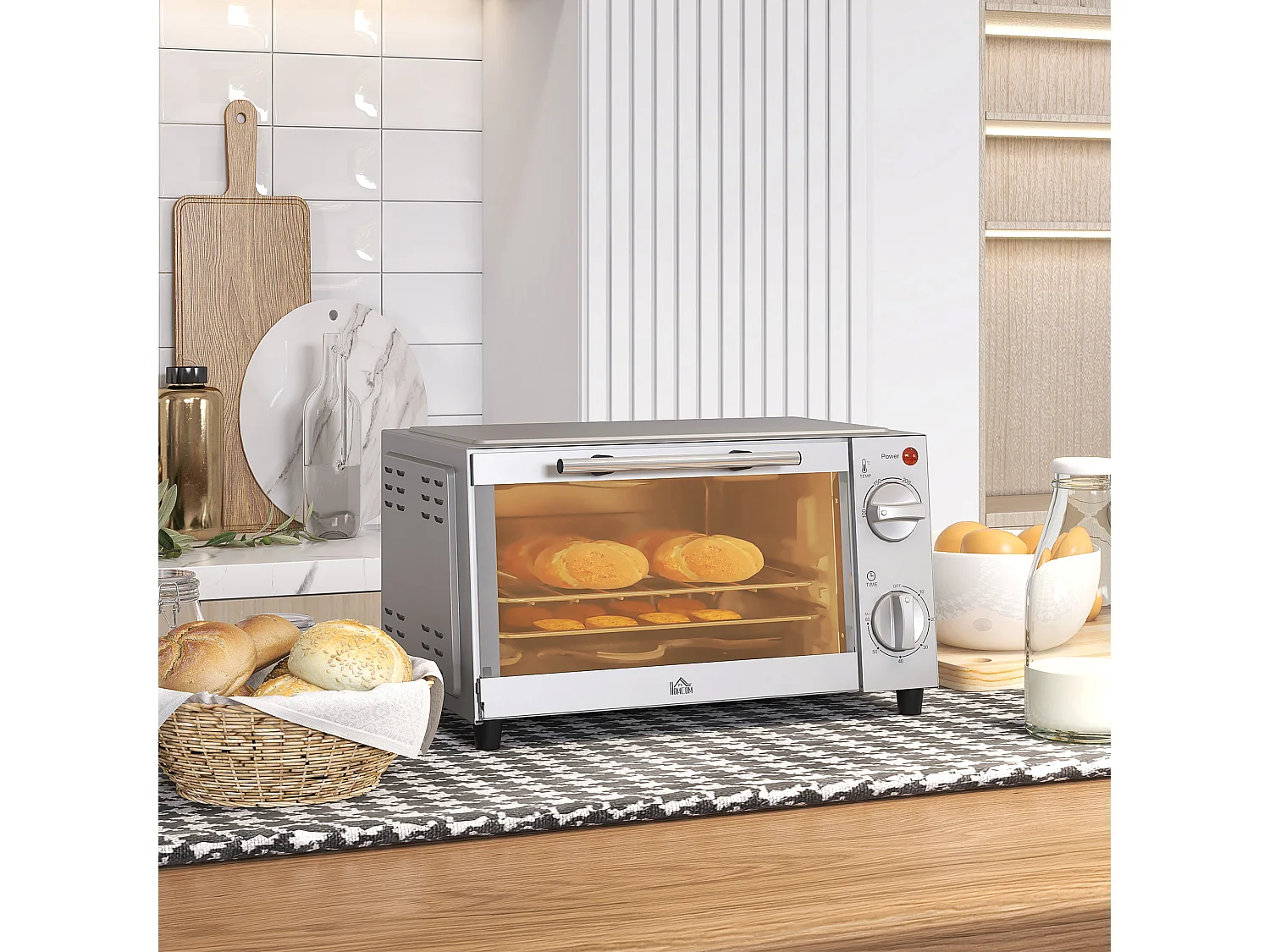 Mini four électrique 9L, température réglable 100-230°C, avec minuterie 60 min, grille et plaque de cuisson, métal, argenté (36.5x26x22cm)