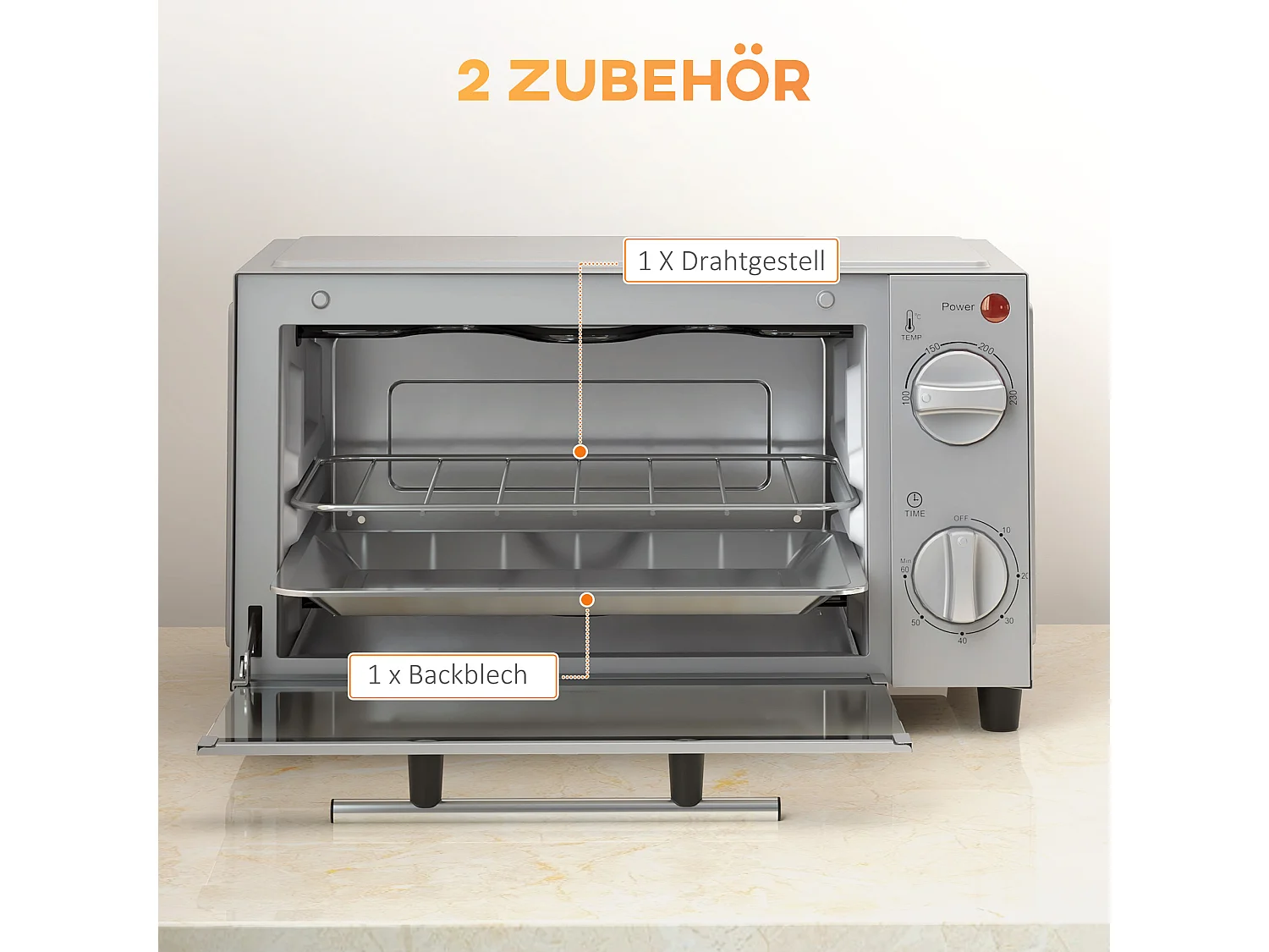 Mini four électrique 9L, température réglable 100-230°C, avec minuterie 60 min, grille et plaque de cuisson, métal, argenté (36.5x26x22cm)