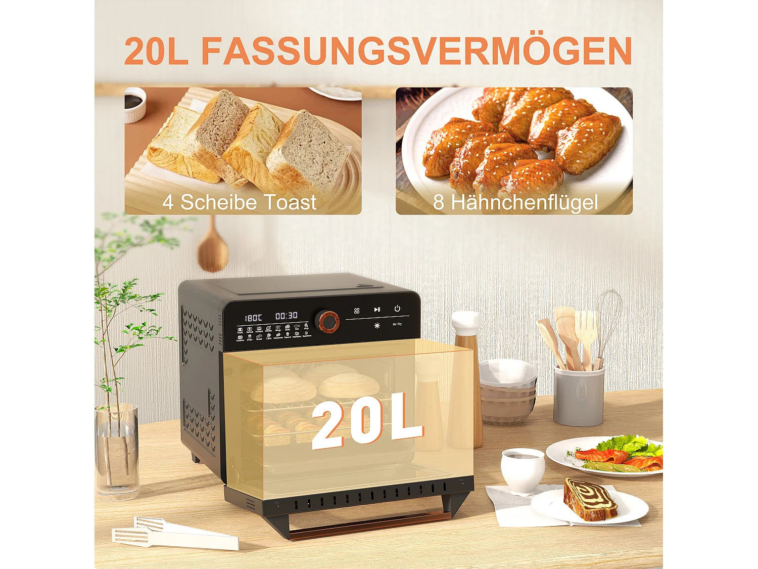 Mini four 3 en 1 avec convection, 20L, 40°C-220°C, 1000W, avec grill, plaque de cuisson, panier de friture, fonction de minuterie et éclairage intérieur
