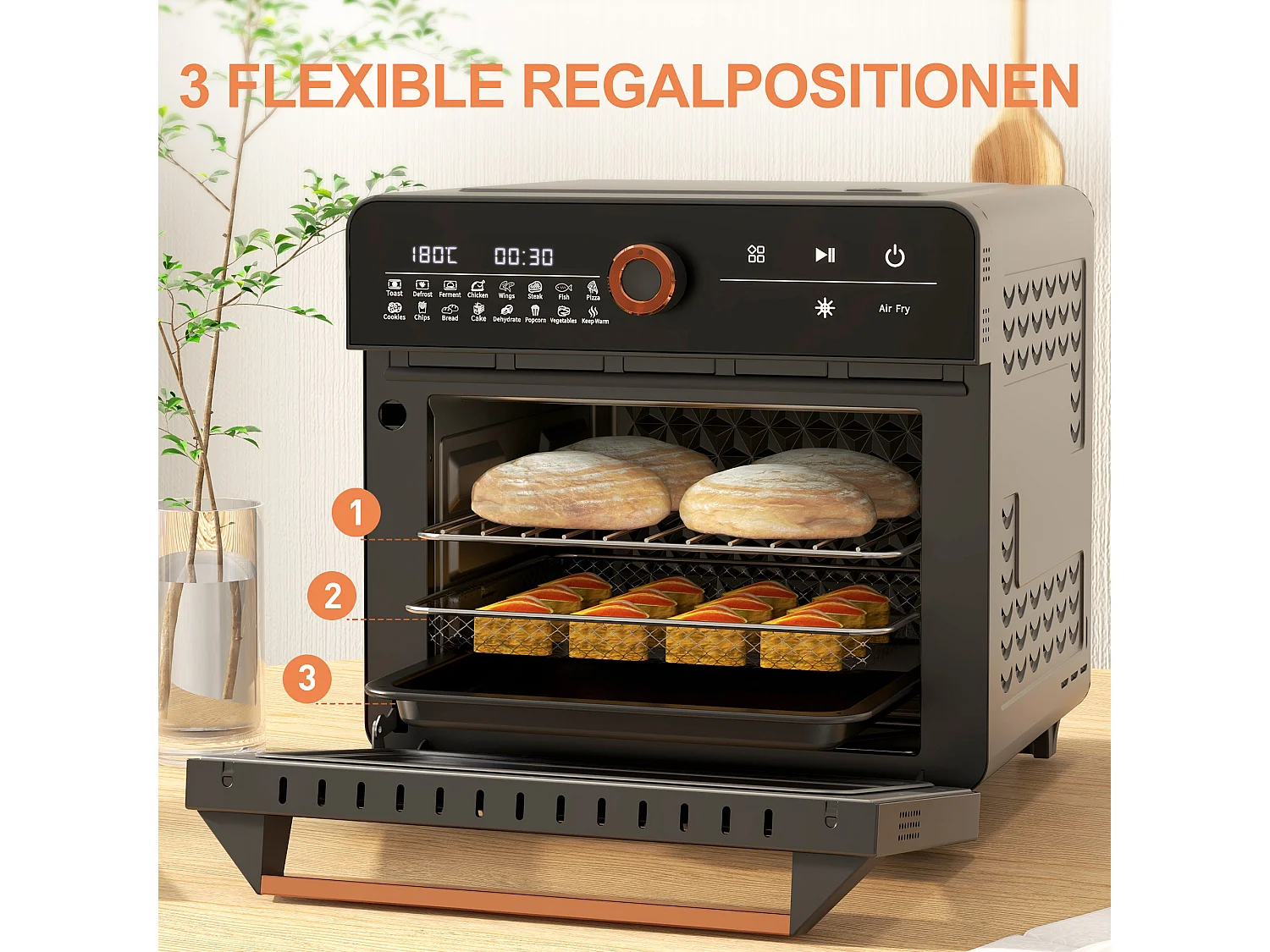 Mini four 3 en 1 avec convection, 20L, 40°C-220°C, 1000W, avec grill, plaque de cuisson, panier de friture, fonction de minuterie et éclairage intérieur
