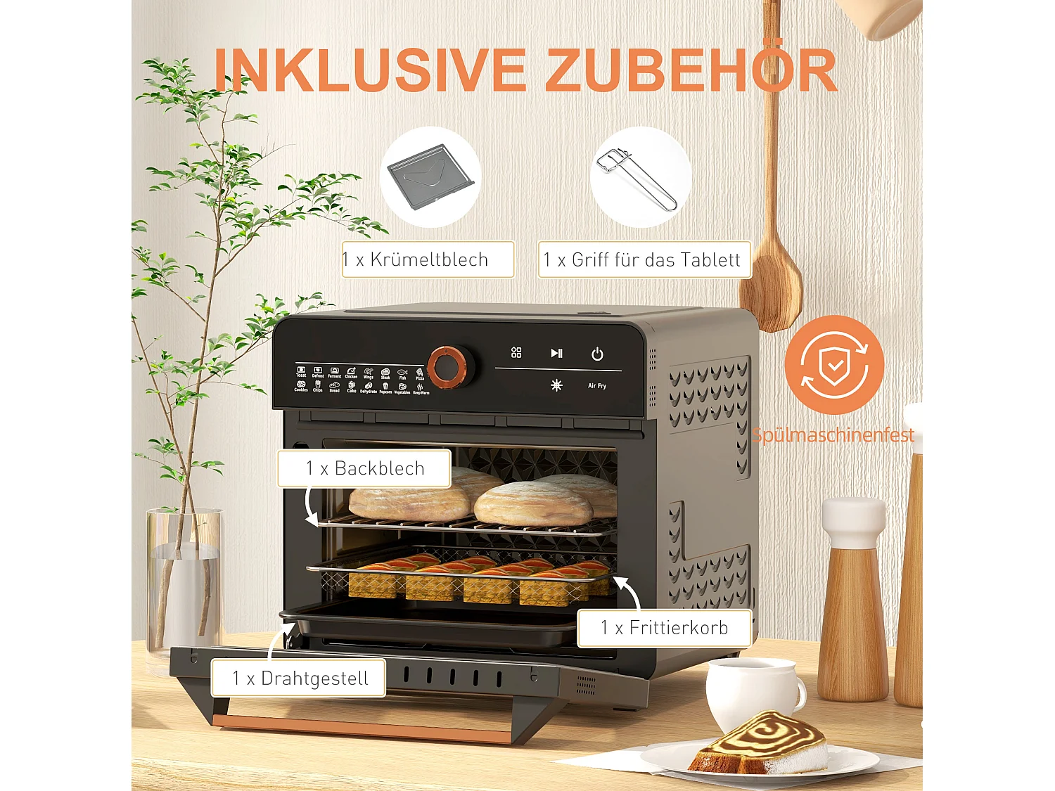 Mini four 3 en 1 avec convection, 20L, 40°C-220°C, 1000W, avec grill, plaque de cuisson, panier de friture, fonction de minuterie et éclairage intérieur