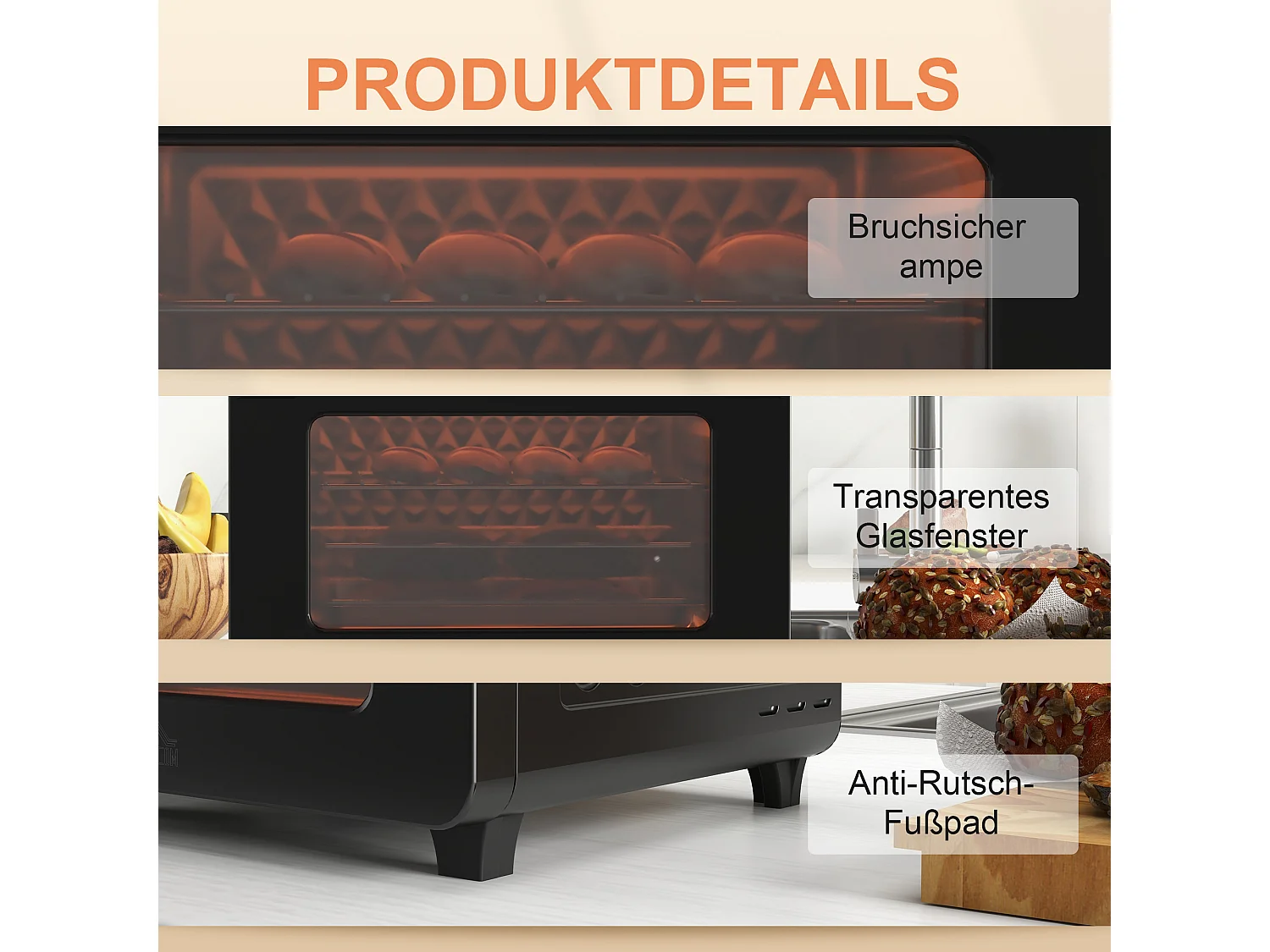 Mini four 3 en 1 avec convection, 20L, 40°C-220°C, 1000W, avec grill, plaque de cuisson, panier de friture, fonction de minuterie et éclairage intérieur