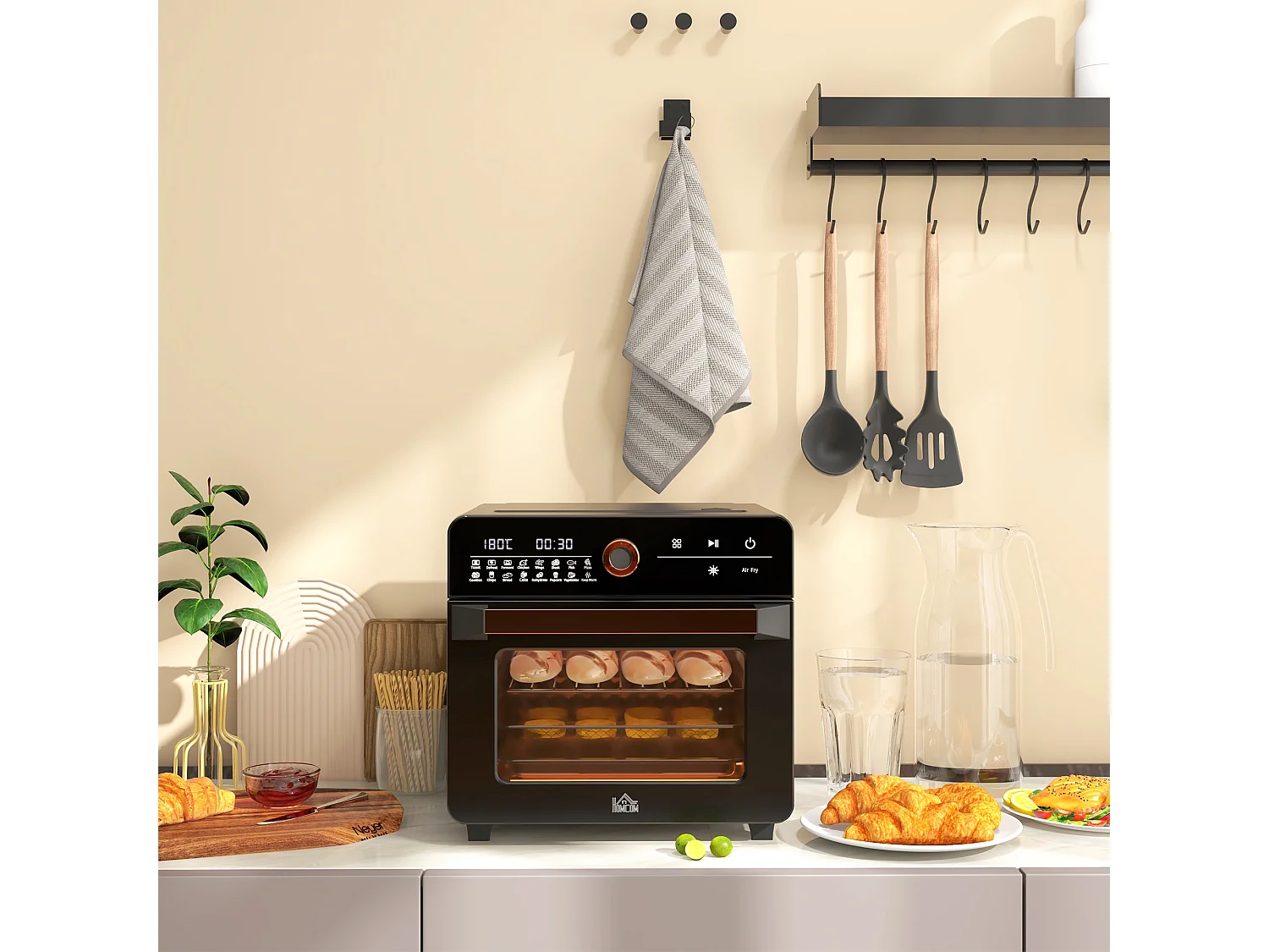 Mini four 3 en 1 avec convection, 20L, 40°C-220°C, 1000W, avec grill, plaque de cuisson, panier de friture, fonction de minuterie et éclairage intérieur
