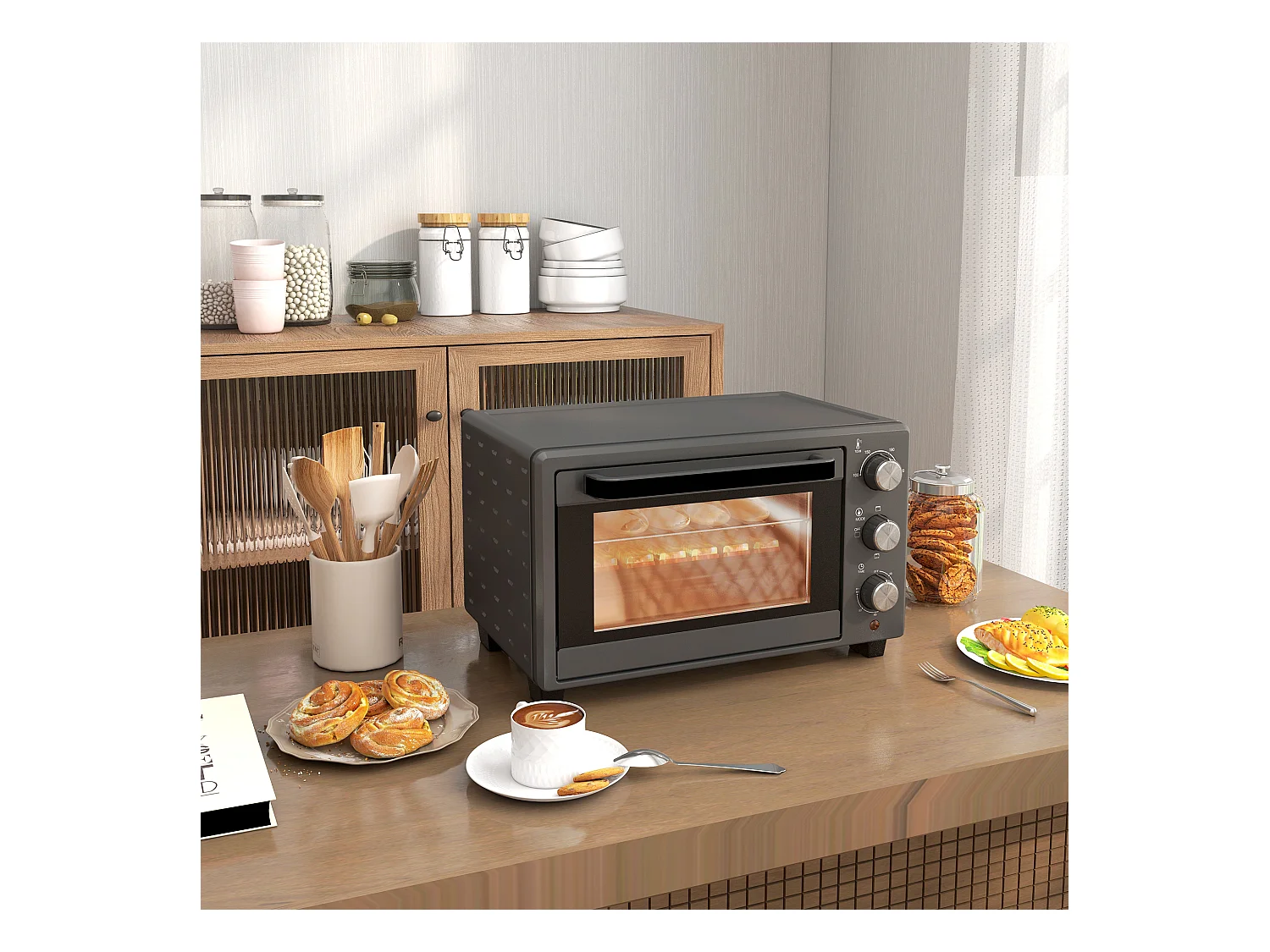 Mini four 21L 1400W avec minuterie 60 min, température réglable 100-230°C, inox, gris (46.4x38x28.5cm)