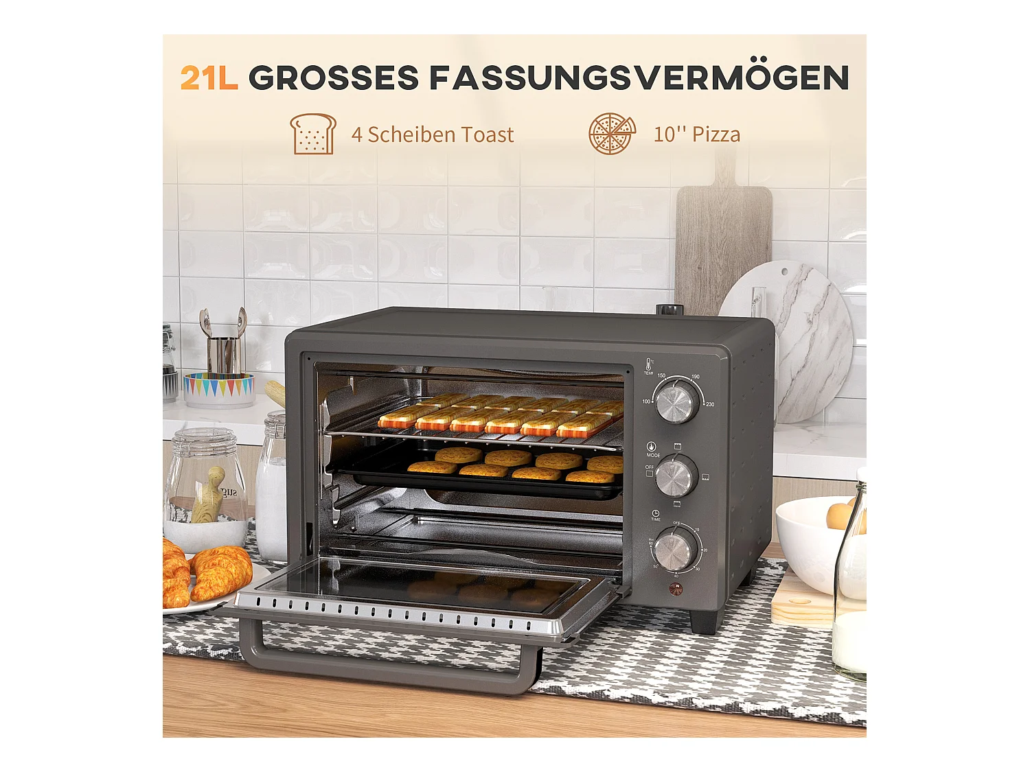 Mini four 21L 1400W avec minuterie 60 min, température réglable 100-230°C, inox, gris (46.4x38x28.5cm)