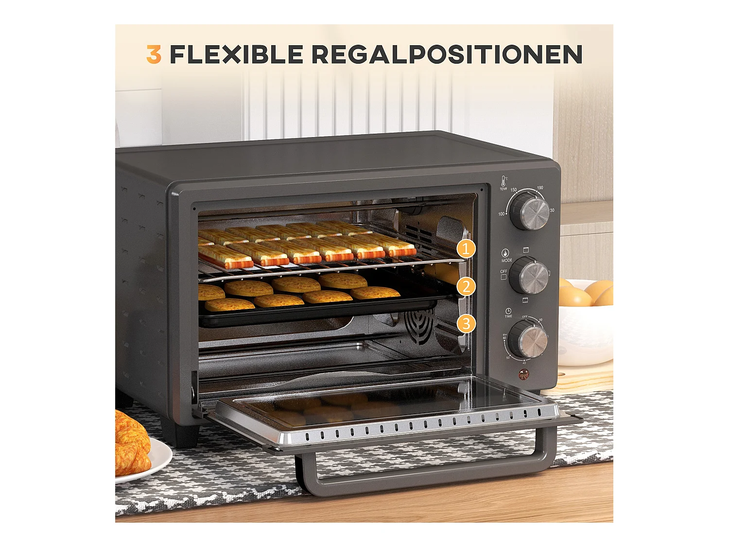 Mini four 21L 1400W avec minuterie 60 min, température réglable 100-230°C, inox, gris (46.4x38x28.5cm)