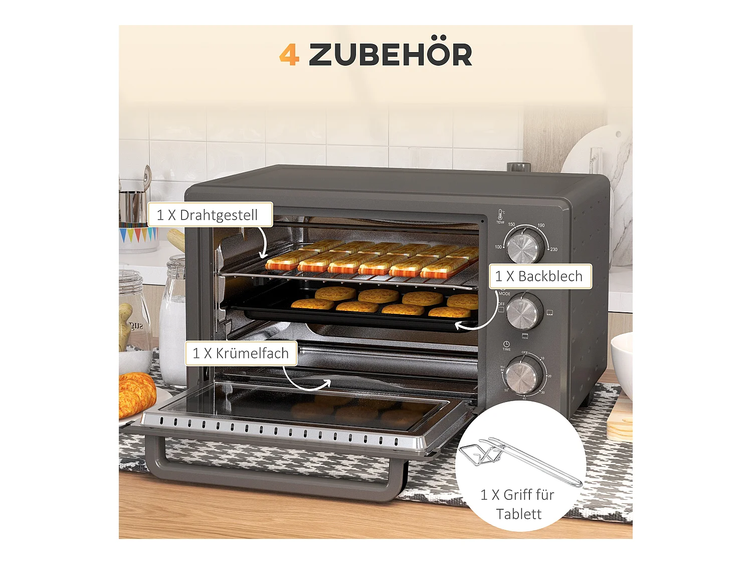 Mini four 21L 1400W avec minuterie 60 min, température réglable 100-230°C, inox, gris (46.4x38x28.5cm)