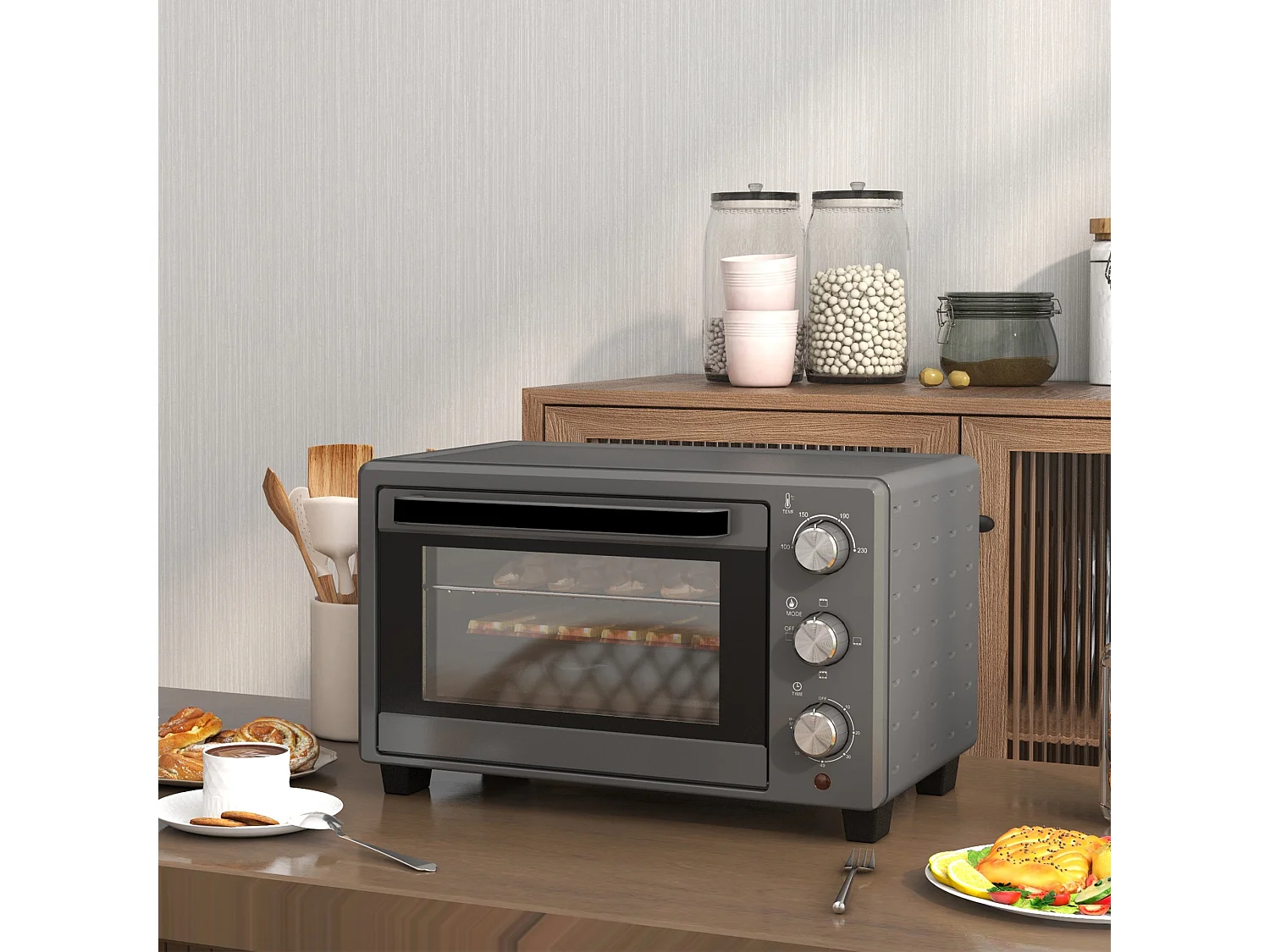 Mini four 21L 1400W avec minuterie 60 min, température réglable 100-230°C, inox, gris (46.4x38x28.5cm)