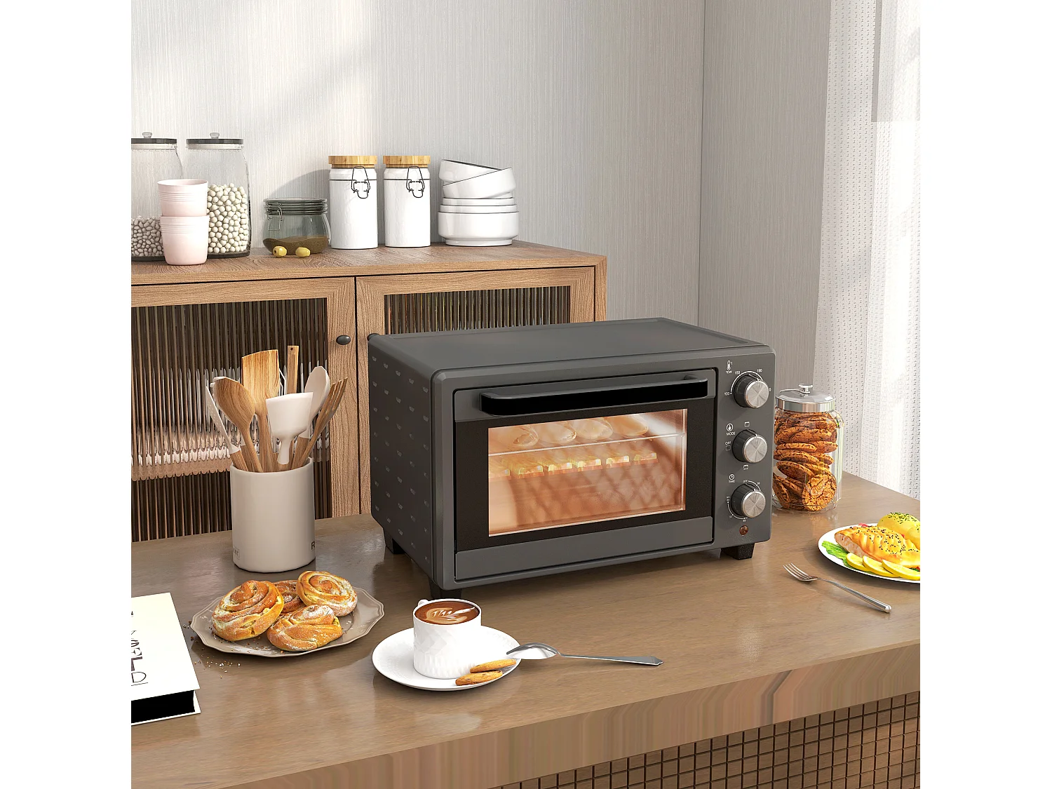 Mini four 21L 1400W avec minuterie 60 min, température réglable 100-230°C, inox, gris (46.4x38x28.5cm)