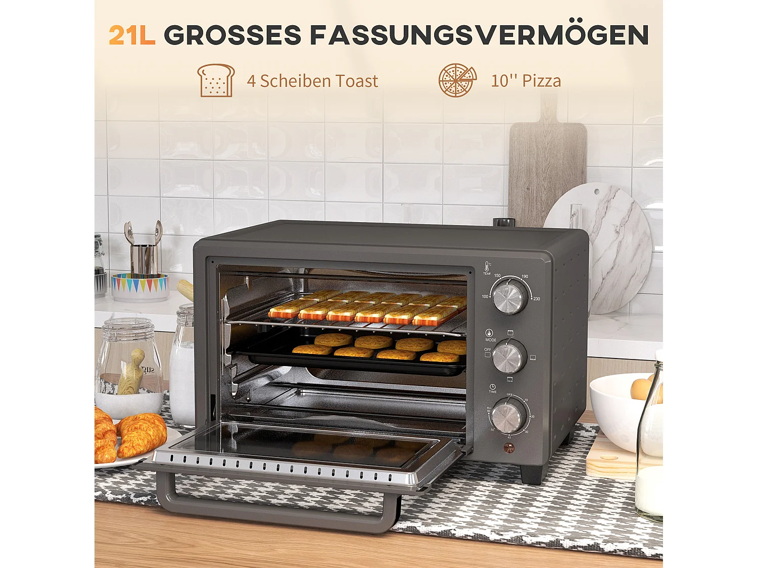 Mini four 21L 1400W avec minuterie 60 min, température réglable 100-230°C, inox, gris (46.4x38x28.5cm)