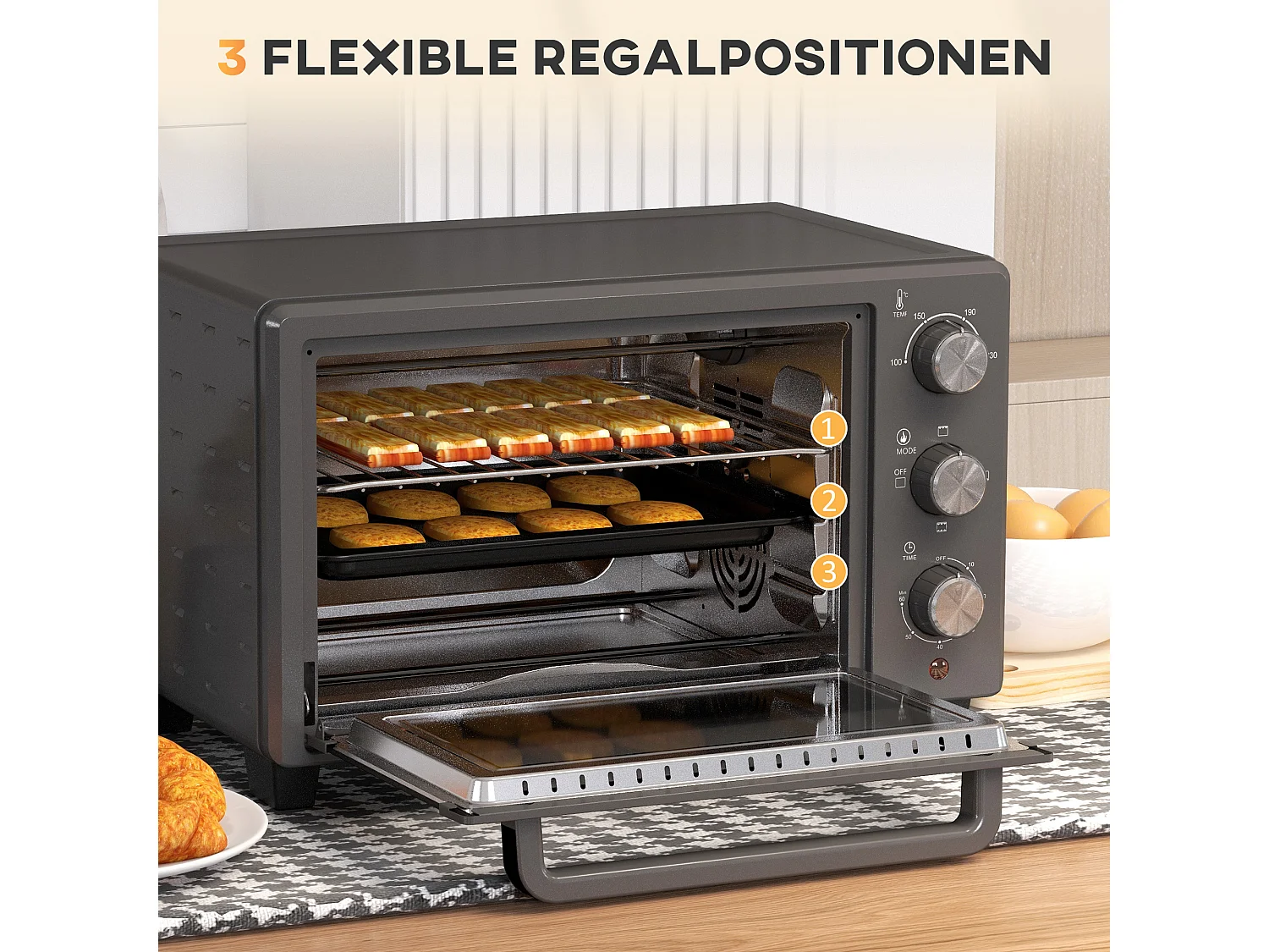 Mini four 21L 1400W avec minuterie 60 min, température réglable 100-230°C, inox, gris (46.4x38x28.5cm)