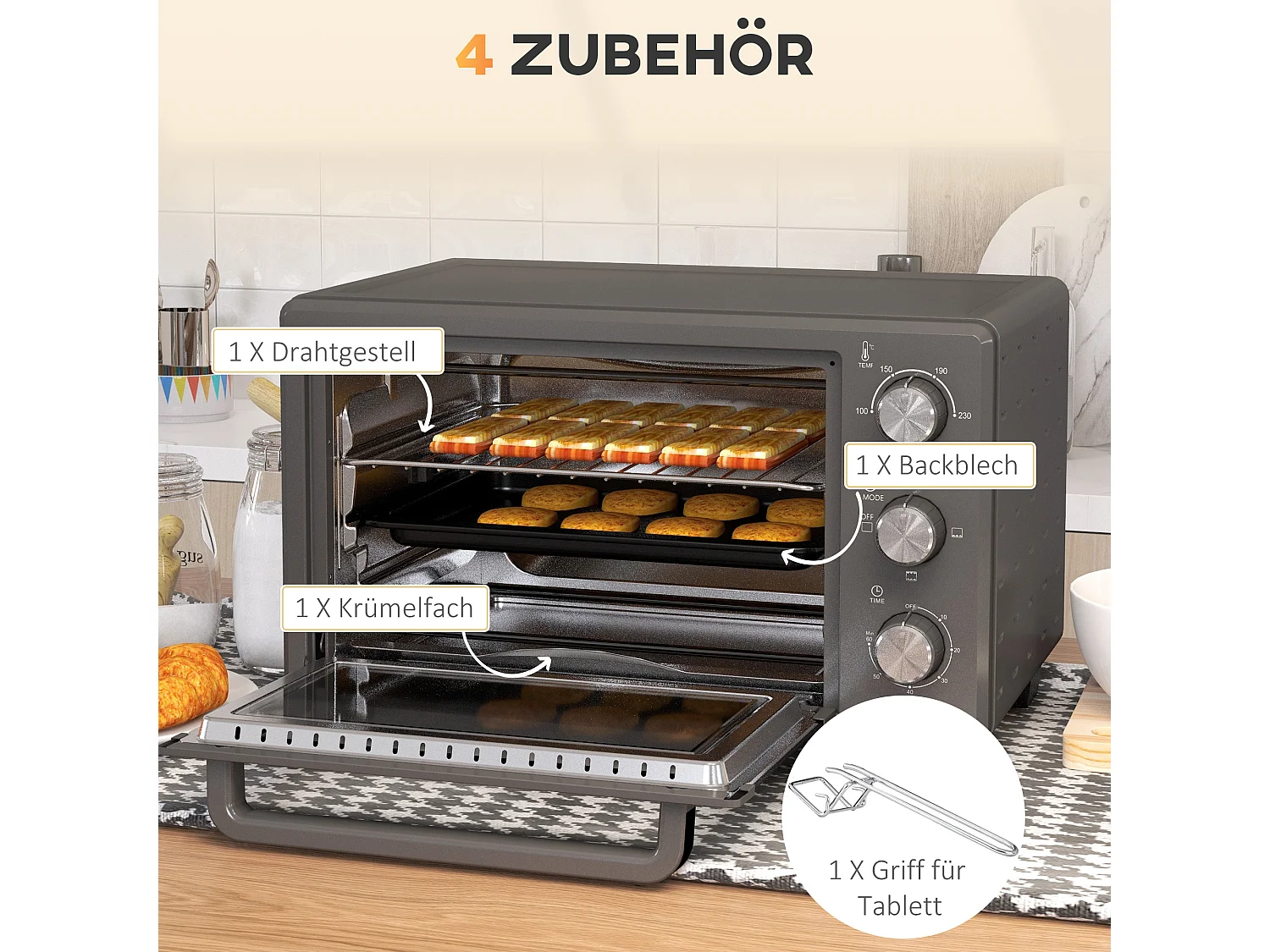 Mini four 21L 1400W avec minuterie 60 min, température réglable 100-230°C, inox, gris (46.4x38x28.5cm)