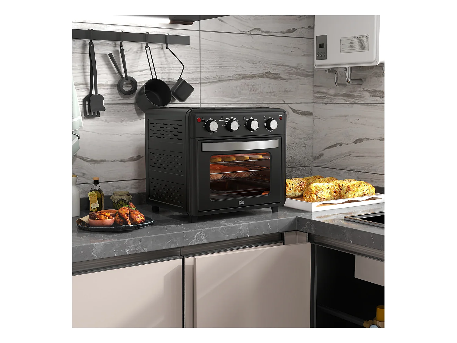 Mini four met convectie, 30L, 7 standen, 1400W, met grille, plateau de cuisine en panier à friture, acier, zwart (43x39x39cm)