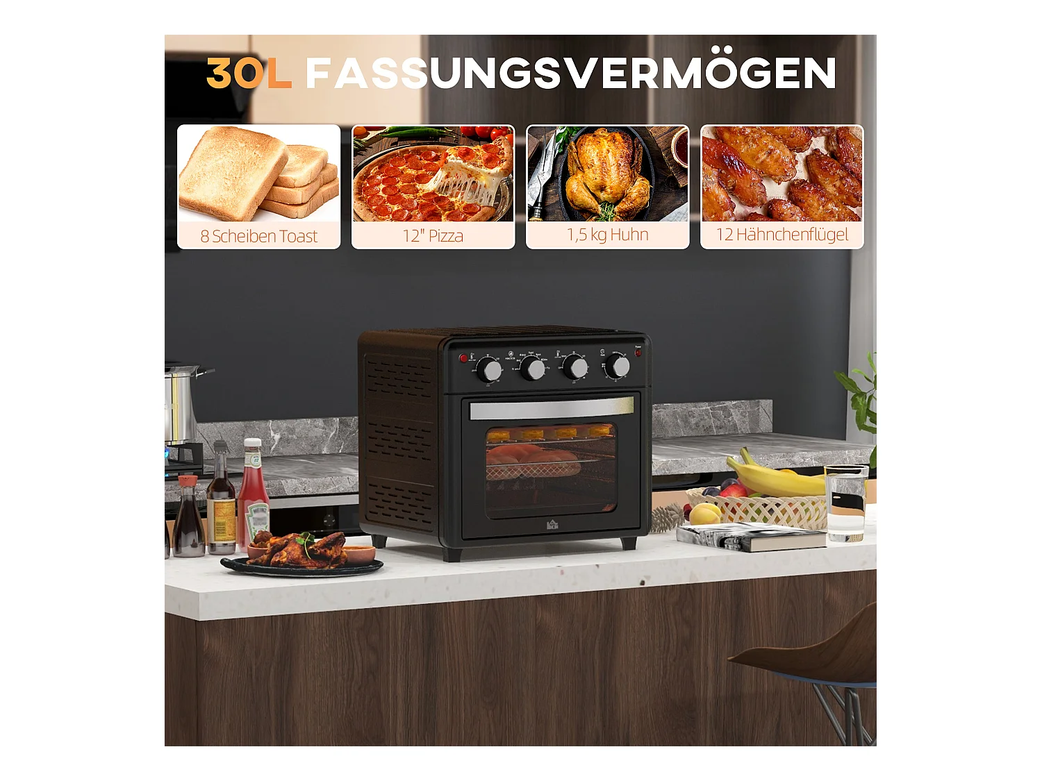 Mini four met convectie, 30L, 7 standen, 1400W, met grille, plateau de cuisine en panier à friture, acier, zwart (43x39x39cm)