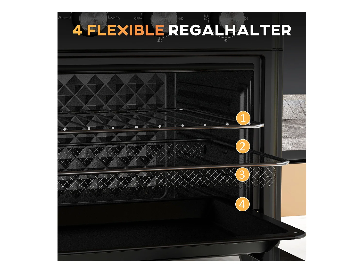 Mini four met convectie, 30L, 7 standen, 1400W, met grille, plateau de cuisine en panier à friture, acier, zwart (43x39x39cm)