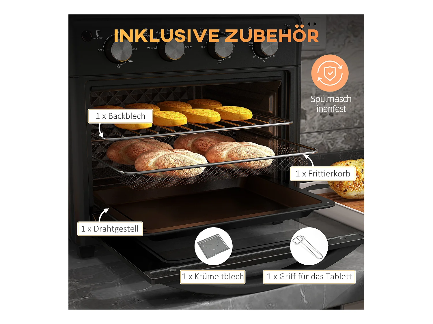 Mini four met convectie, 30L, 7 standen, 1400W, met grille, plateau de cuisine en panier à friture, acier, zwart (43x39x39cm)