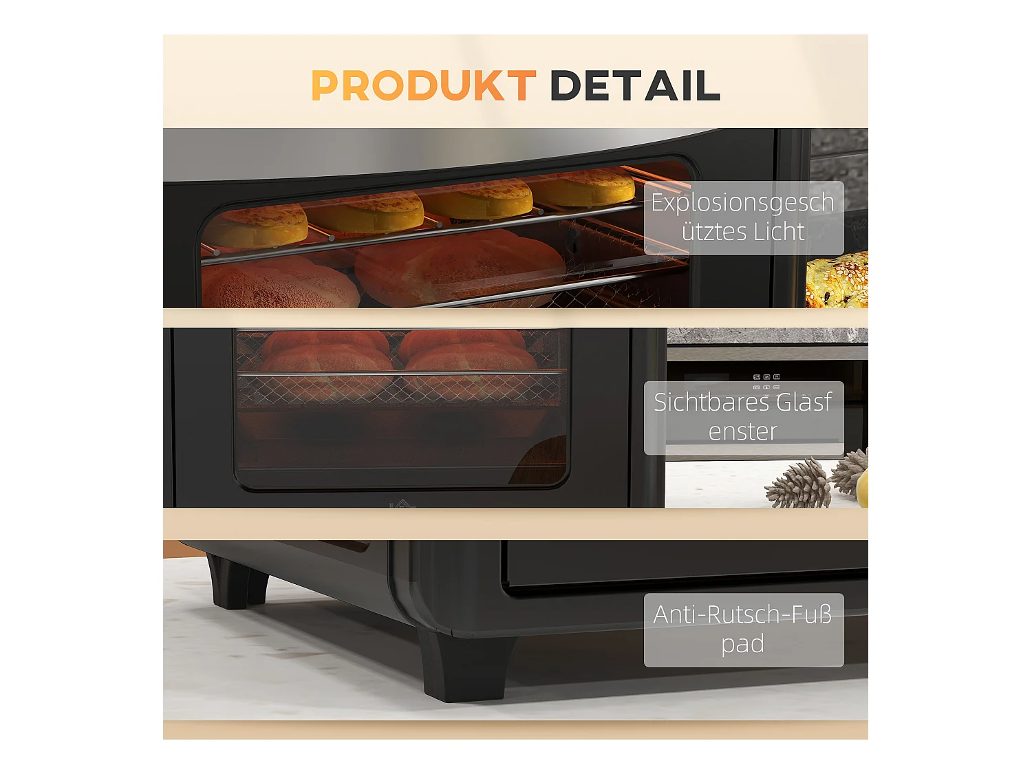 Mini four met convectie, 30L, 7 standen, 1400W, met grille, plateau de cuisine en panier à friture, acier, zwart (43x39x39cm)