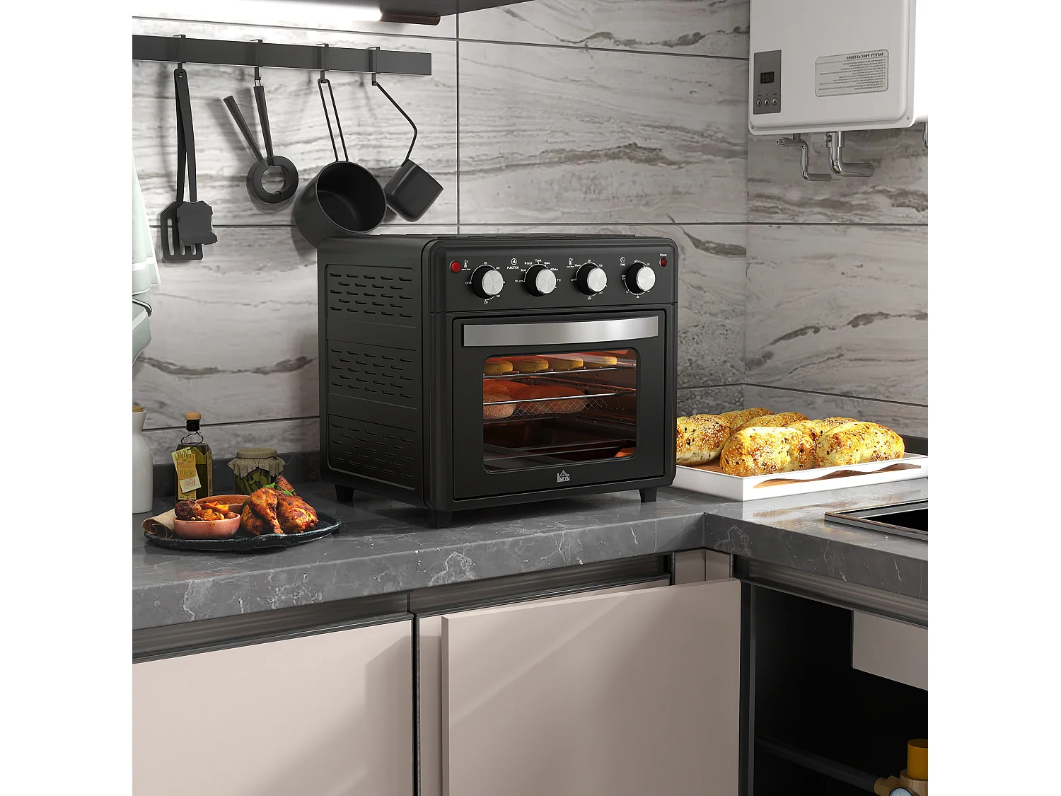 Mini four avec convection, 30L, 7 modes, 1400W, avec grille, plateau de cuisson et panier à friture, acier, noir (43x39x39cm)