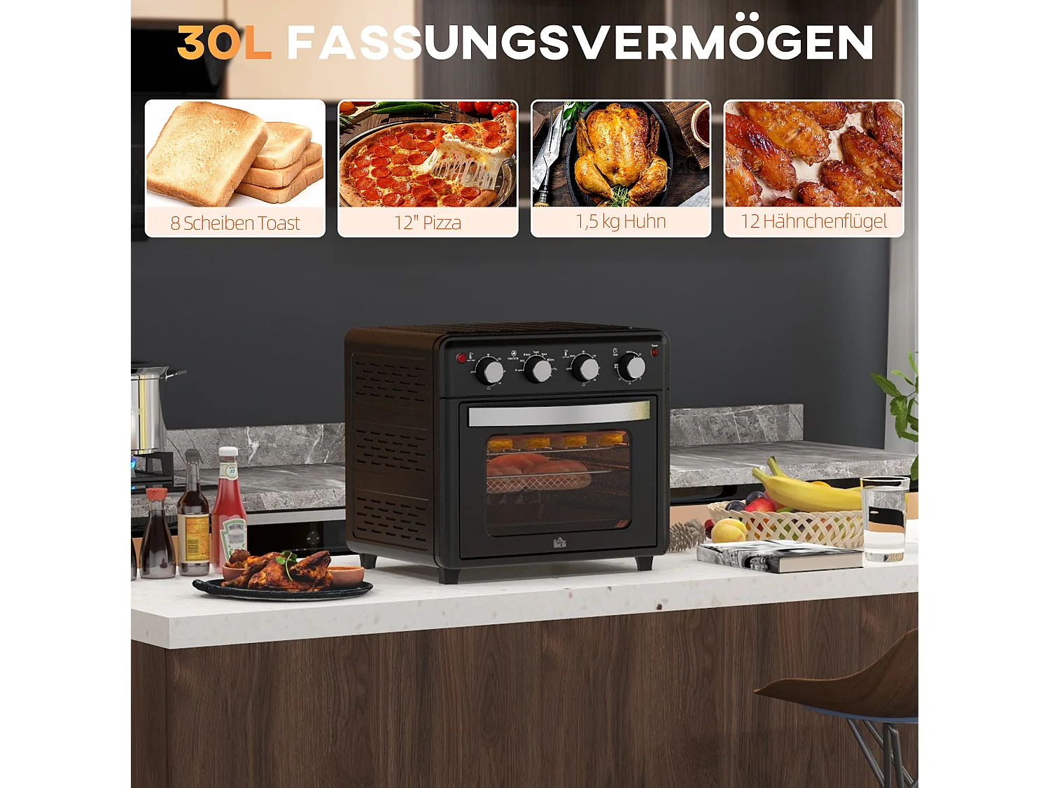 Mini four avec convection, 30L, 7 modes, 1400W, avec grille, plateau de cuisson et panier à friture, acier, noir (43x39x39cm)