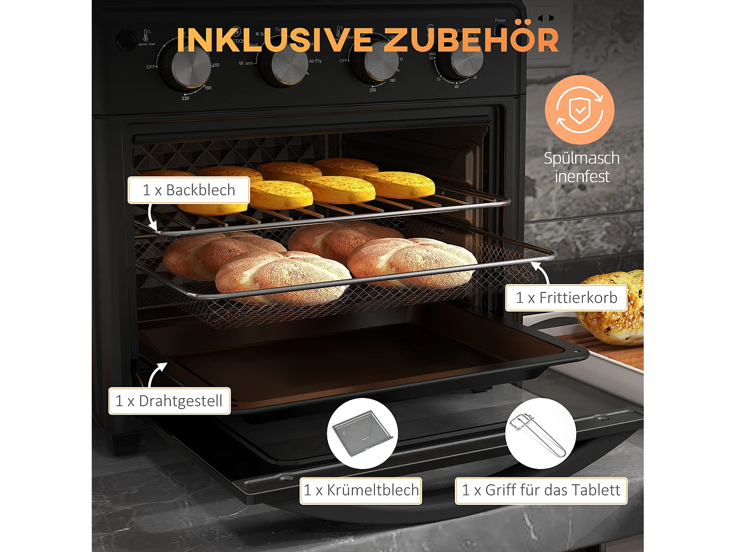 Mini four avec convection, 30L, 7 modes, 1400W, avec grille, plateau de cuisson et panier à friture, acier, noir (43x39x39cm)