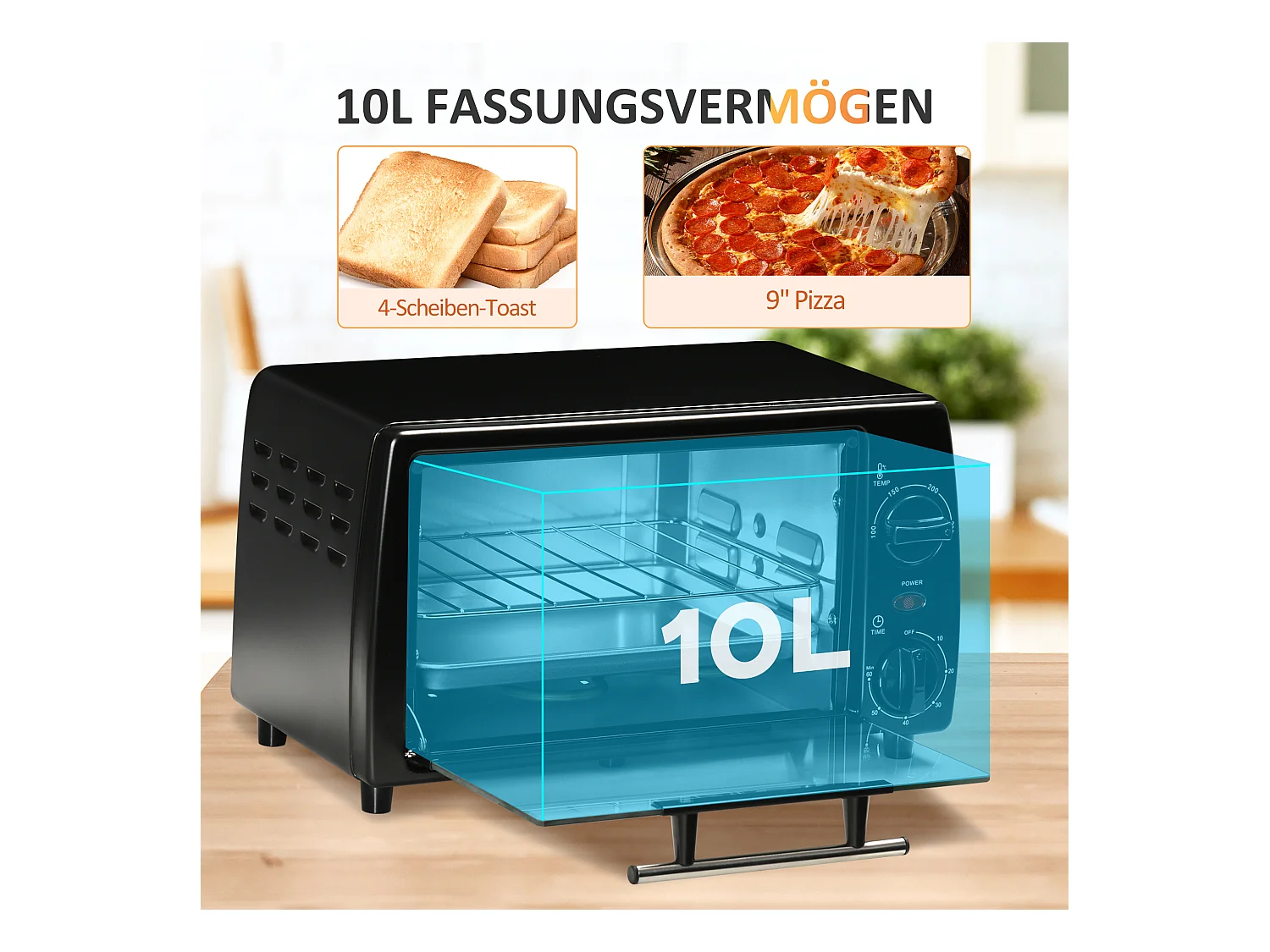 Mini four 10L, 750W, 100-230°C, 60 min minuterie, plaque de cuisine, grill, inox, zwart (36,5L x 26W x 22Hcm)