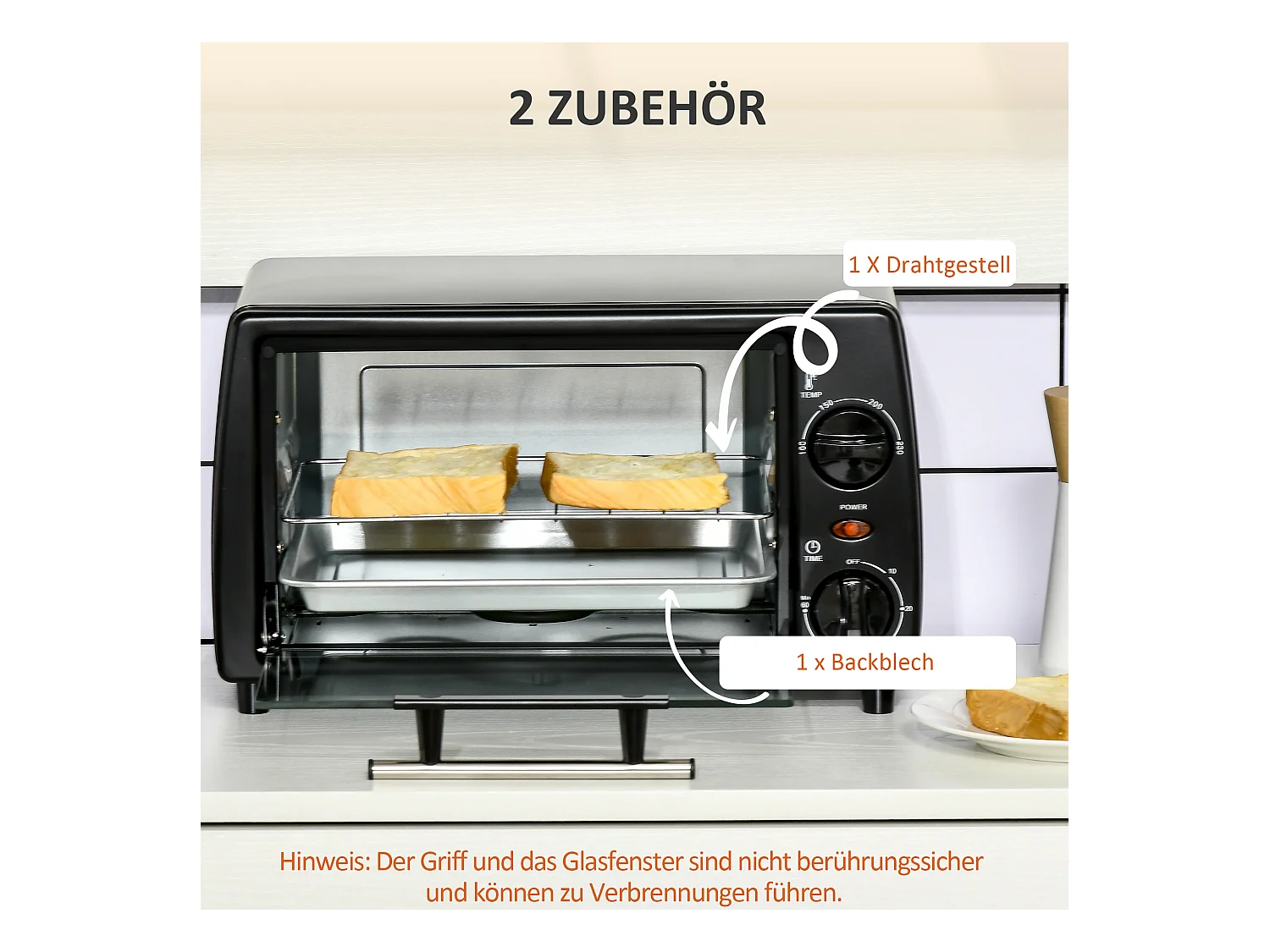 Mini four 10L, 750W, 100-230°C, 60 min minuterie, plaque de cuisine, grill, inox, zwart (36,5L x 26W x 22Hcm)