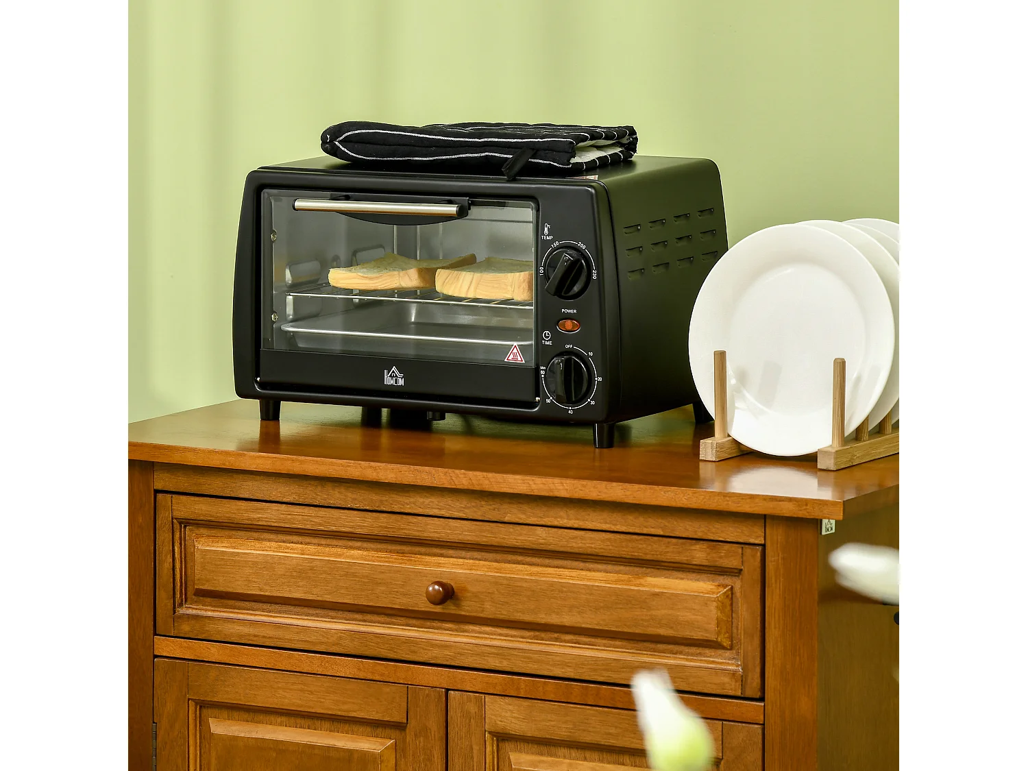 Mini four 10L, 750W, 100-230°C, 60 min minuterie, plaque de cuisson, grill, inox, noir (36.5L x 26W x 22Hcm)